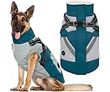 IECOii Dog Winter Coat with Harness Built in, Waterproof Windproof Dog Coats for Large Dogs, Thermal Fleece Cold Weather Jackets with Zip, Outdoor Warm Snow Jacket Reflective, Turquoise Green, XL