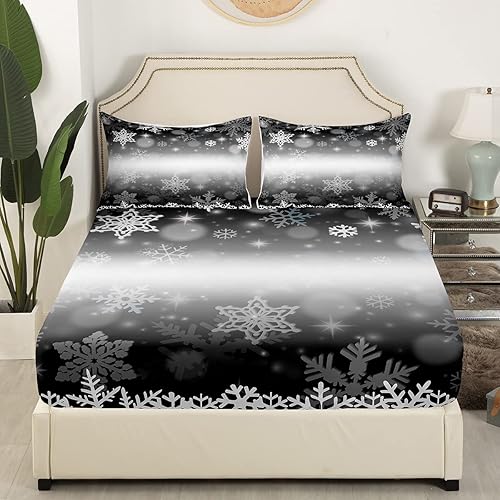 Miniatura 4 de Erosebridal Juego de sábanas bajeras de Navidad tamaño Queen, diseño de copos de nieve, color negro, gris, degradado, para niños y niñas, juego de