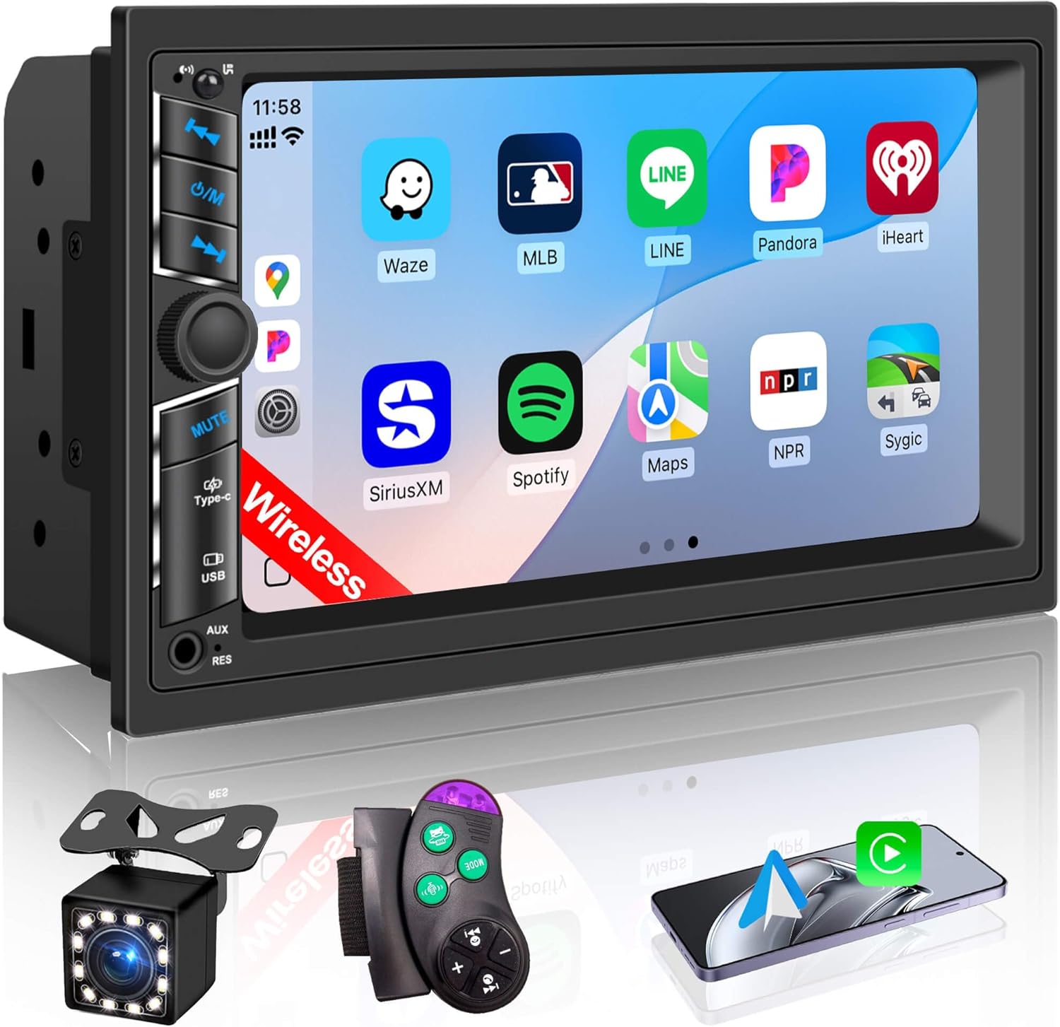 7 in Double DIN Car Stereo Radio with Wireless Apple CarPlay, Car Audio Receivers with Android Auto, 7″ IPS Touchscreen, Car Stereo with Bluetooth, HD Backup Camera, FM Receiver, GPS,180W Audio Output