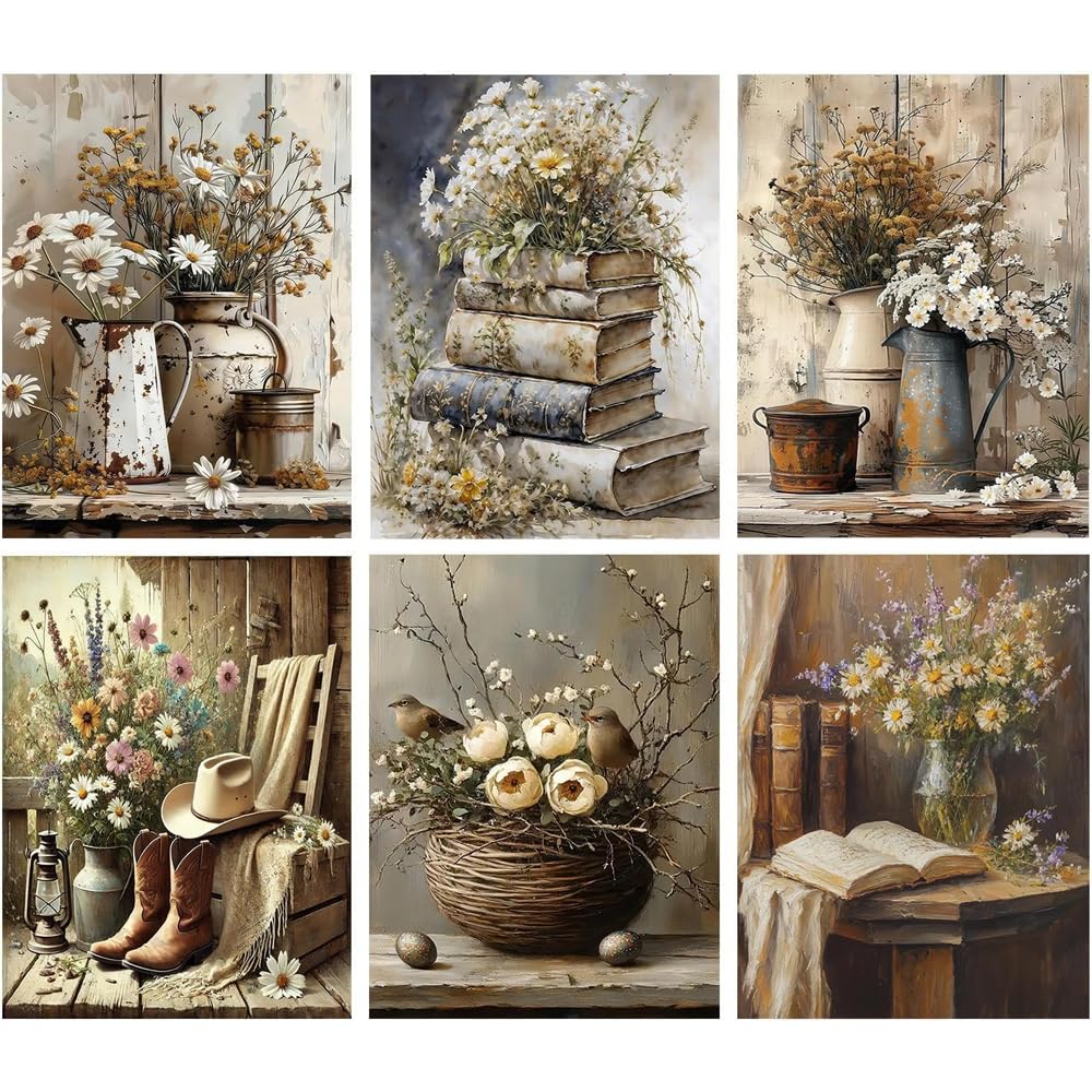 Jakener 6 Pack Diamond Art Kits Adults, 5D Vintage Flower Diamond Painting Kit for Adults, DIY Full Round Drill Crystal Gem Art Craft, Home Wall Decor 12x16 Inch