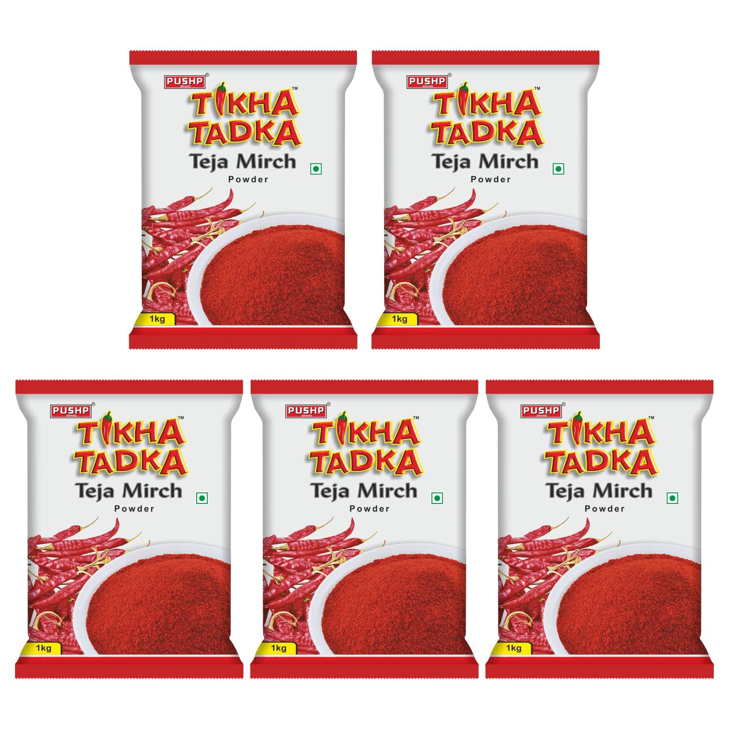Pushp Brand Chilli Powder Spicy Red Chilli Powder 1KG (Tikha Tadka) (Pack of 5)