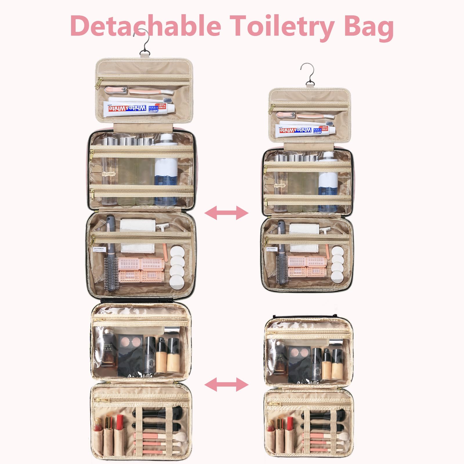 3-in-1 abnehmbare Reise-Kulturtasche zum Aufhängen, große Kapazität, 5 Fächer, Make-up-Kosmetiktasche mit Gepäckgürtel, wasserdicht, transparentes Fach, Large, Reisen