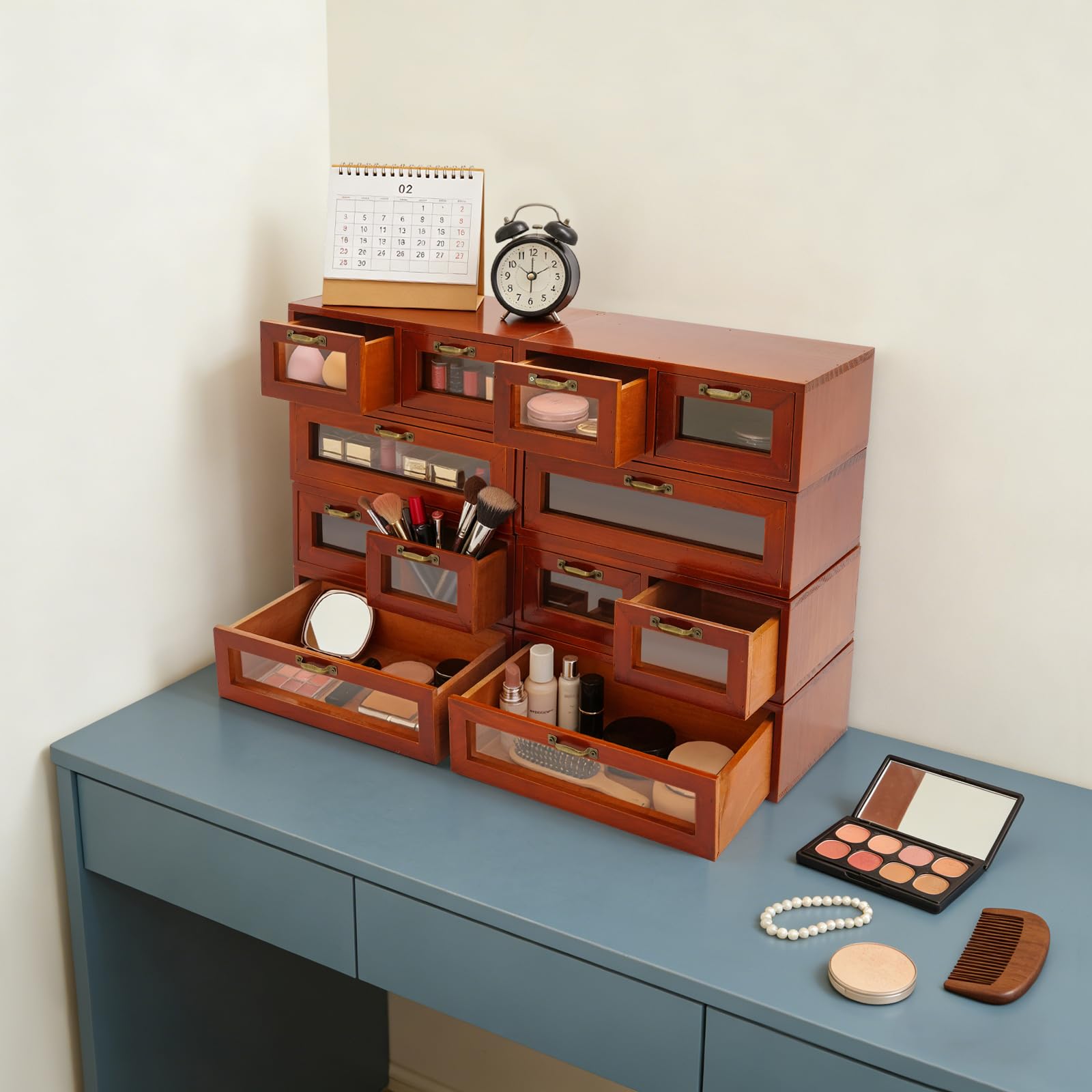 Armadio impilabile in legno con 12 cassetti (per 30 x 18 x 10 cm) | Cassettiera con maniglie e finestre trasparenti, organizer per cosmetici, gioielli, forniture per ufficio, piccoli attrezzi