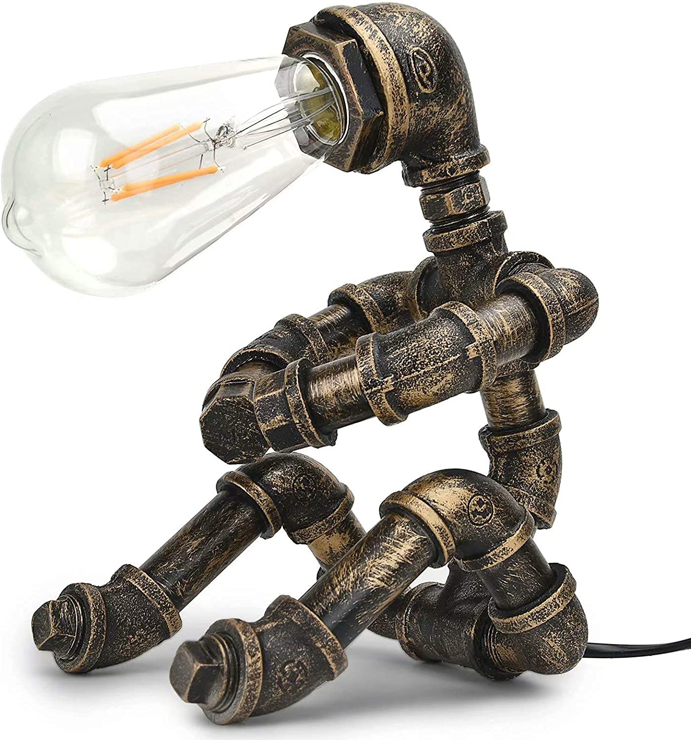 Vintage Table Lamp Retro Industrial Iron Water Pipes Robot Table lamp Steampunk Desktop Light, Robot Style Desktop Light for Bedside Desk(Not Included Bulb)