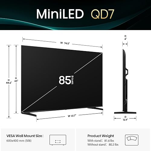 Miniatura 3 de Hisense 85" Clase Serie QD7 Mini-LED 4K UHD Smart Fire TV (85QD7QF, modelo 2025) - QLED, Native 144Hz, HDR10+, Dolby Vision, Dolby Atmos, Game Mode