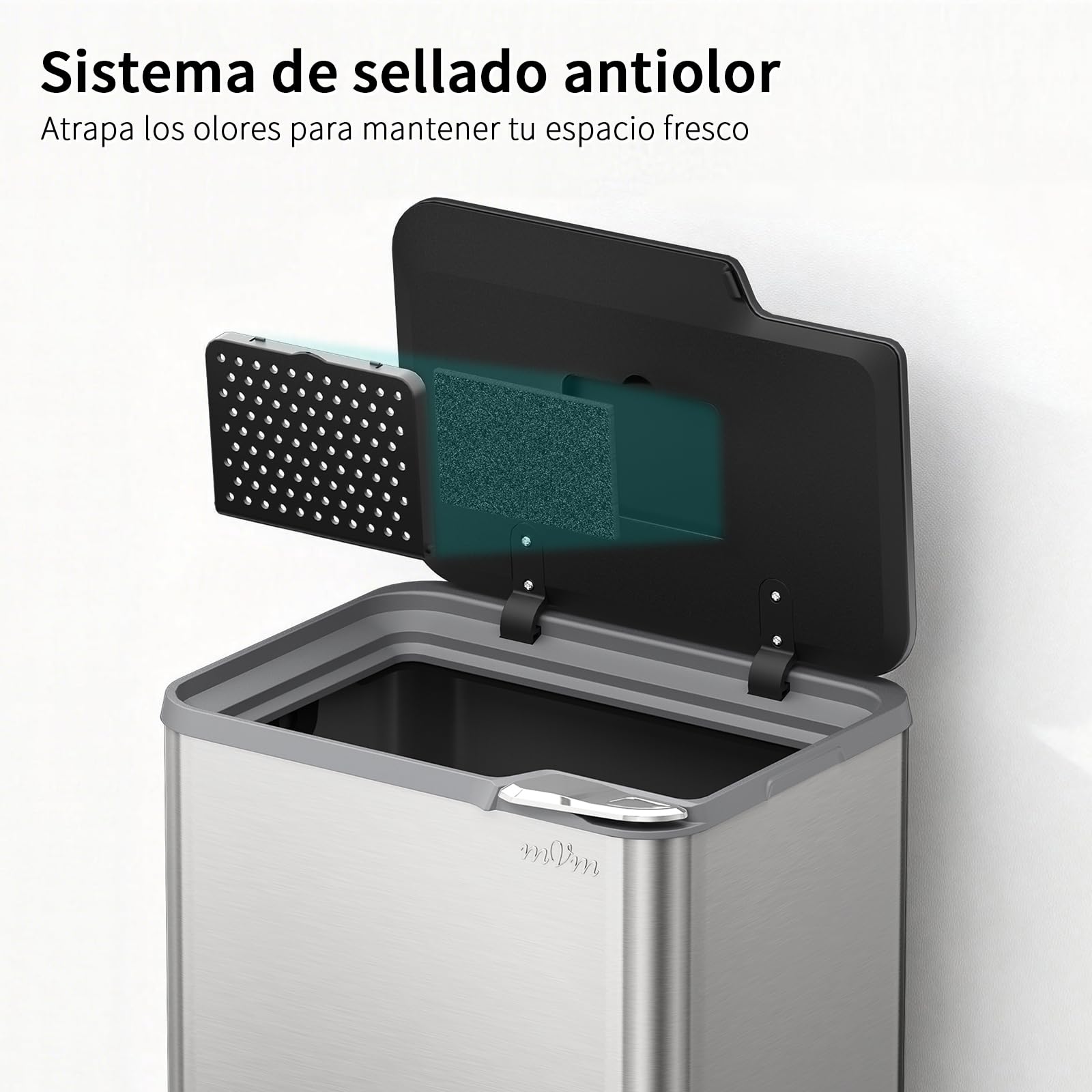 mVm Cubo de Basura con Presión Manual 60L, Acero Inoxidable Antihuellas con Soporte Desmontable, Tapa Amortiguada y Cubo Interior Extraíble