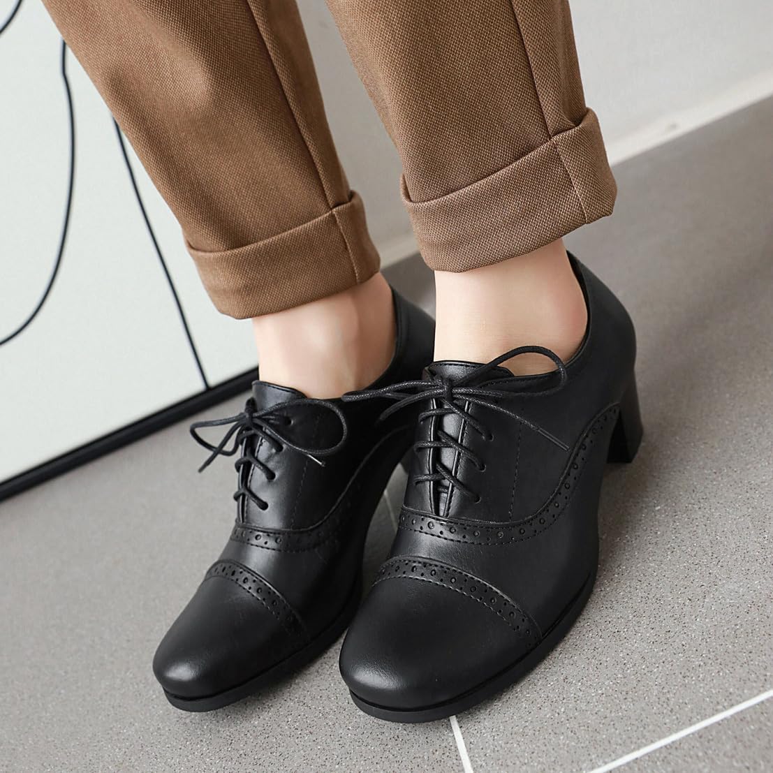 Women's Oxfords Wingtip Lace Up Chunky High Heels Pumps Square Closed Toe Vintage Brogue Dress Shoes - Image 4
