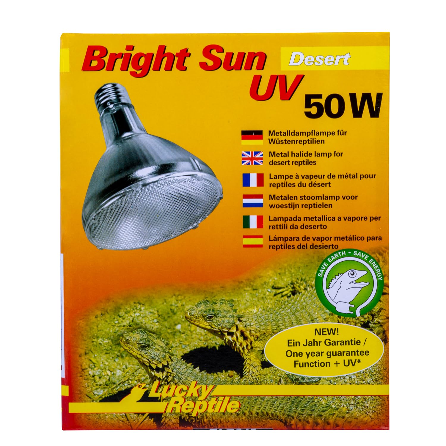 Lucky Reptile Bright Sun UV Desert - Metalowa lampa parowa 50W do opraw E27 - Lampa do terrarium ze światłem dziennym - Lampa grzewcza z promieniowaniem UVA UVB - Lampa dla gadów pustynnych