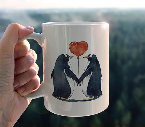 Miniatura 3 de Taza de cerámica de acuarela con diseño de pingüino, pareja enamorada con corazón, taza de café de 11 onzas con asa, aniversario, cumpleaños, día de
