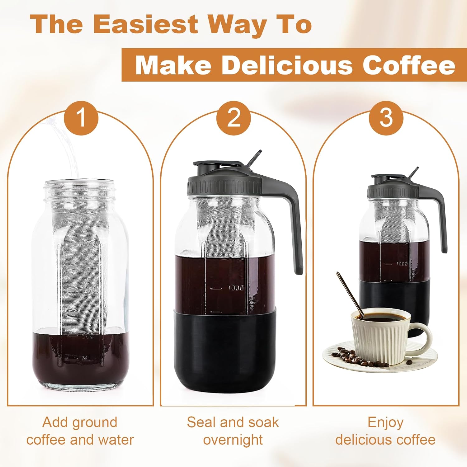 Cold Brew Coffee Maker, 64oz Mason Jar Pitcher with Stainless Steel Filter, Leak-Proof Lid with Pour Spout & Handle, Heavy Duty Glass Iced Coffee Tea Brewer with Protective Silicone Sleeve-Black