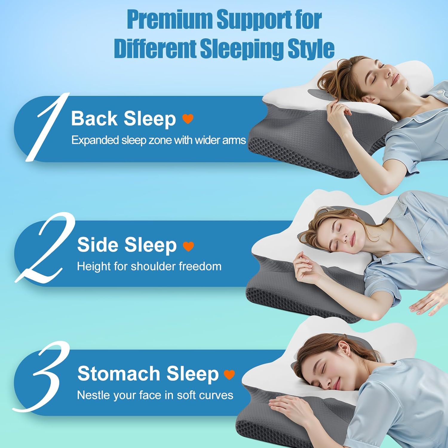 Cervical Neck Pillow for Sleeping, Memory Foam Pillow for Neck Support, Set of 2, Ergonomic Pillow for Pain Relief, Contour Bed Pillow for Side Back Stomach Sleepers, Grey, King Size