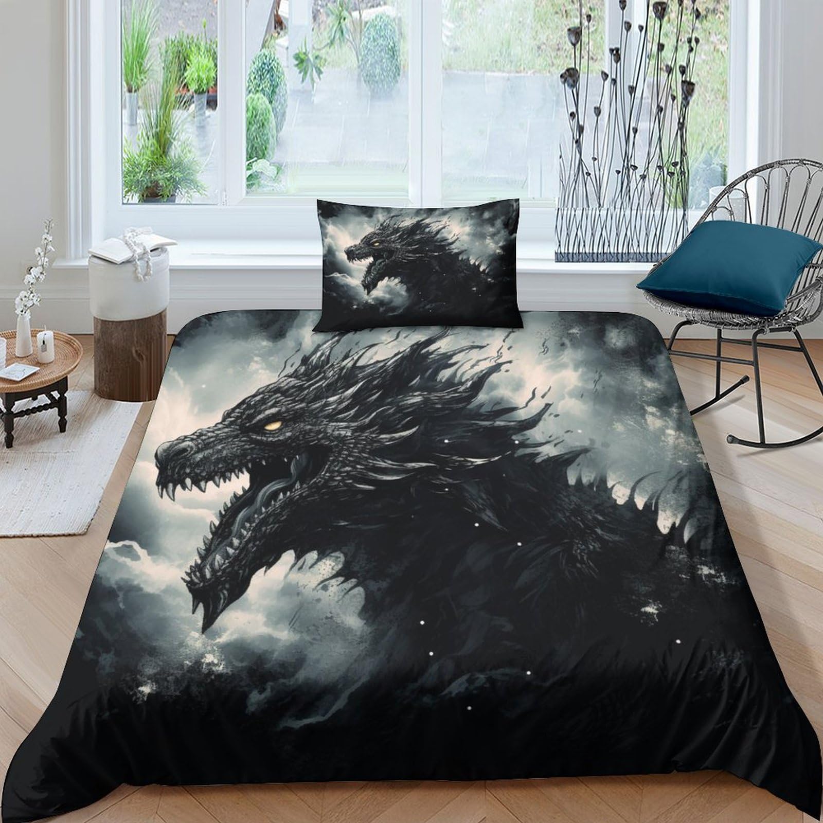 HOTGE Flying Dragon Bedding Set,3D Wildlife Duvet Cover with Pillowcases, for Soft Microfiber Quilt Cover with Zipper Closure 2 Piece Set Single（125x200cm）