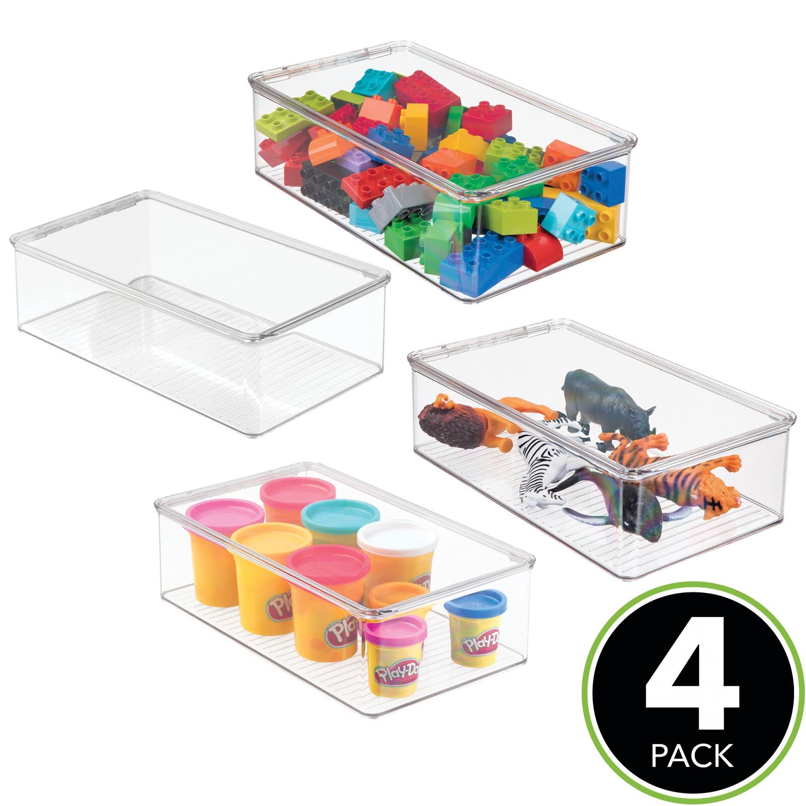 mDesign 4er-Set Spielzeugaufbewahrung – stapelbare Aufbewahrungsbox mit Deckel aus robustem Kunststoff – Box zum Mal-, Bastel- und Spielsachen verstauen im Kinderzimmer – durchsichtig