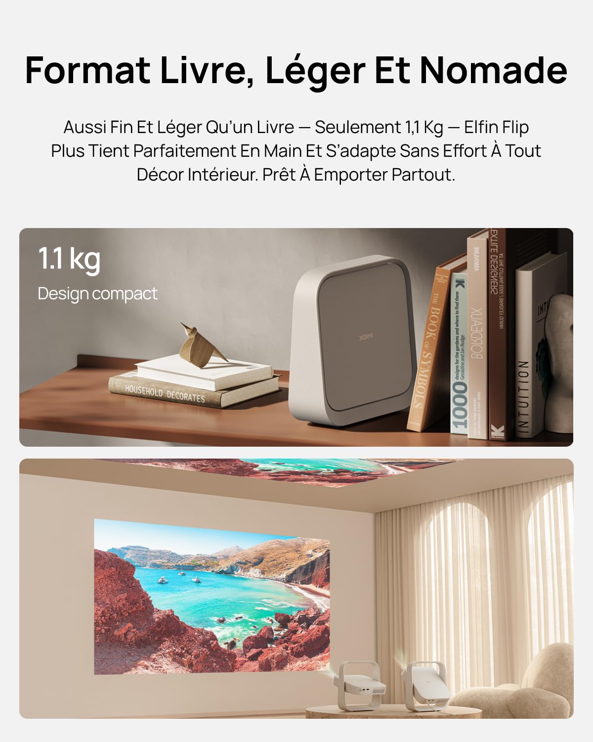 XGIMI Elfin Flip Plus Videoprojecteur Portable Cinéma Domestique & Jardin | 500 ISO, Compatible avec Google TV, Netflix, 150° Rotation, 2×3W, Autofocus, Correction Trapézoïdale, Protection Oculaire