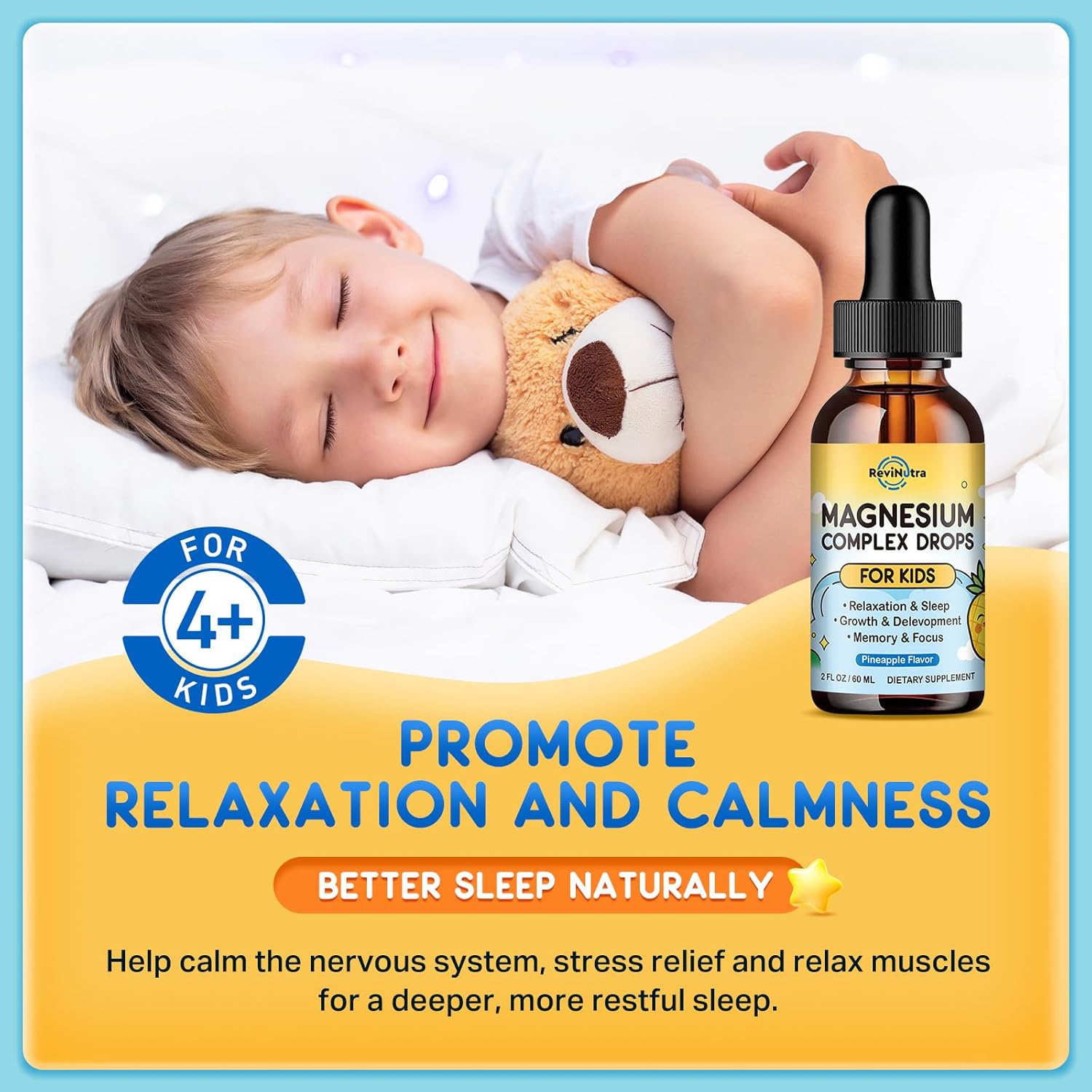 Kids Magnesium Liquid Drops - Magnesium Glycinate Liquid for Kids, Magnesium Supplement with L-Theanine, Calcium, Zinc, Vitamin D3 K2 for Sleep Calm Relaxation Brain Bones, Pineapple Flavor 2 Fl Oz - Image 4