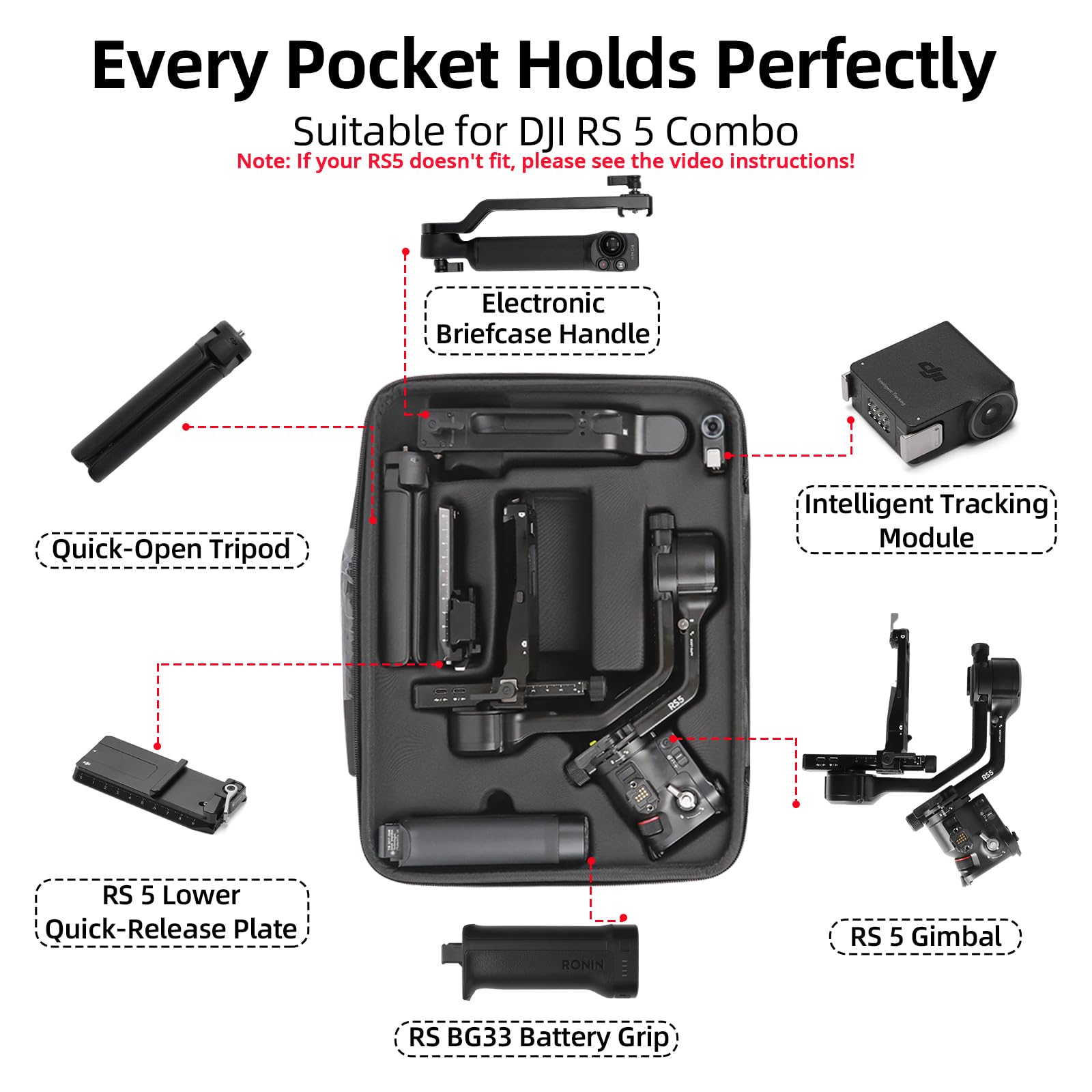 DJI RS 5 Tasche,Tragbare wasserdichte Case für DJI RS 5 Combo mit Schultergurt (Schwarz)