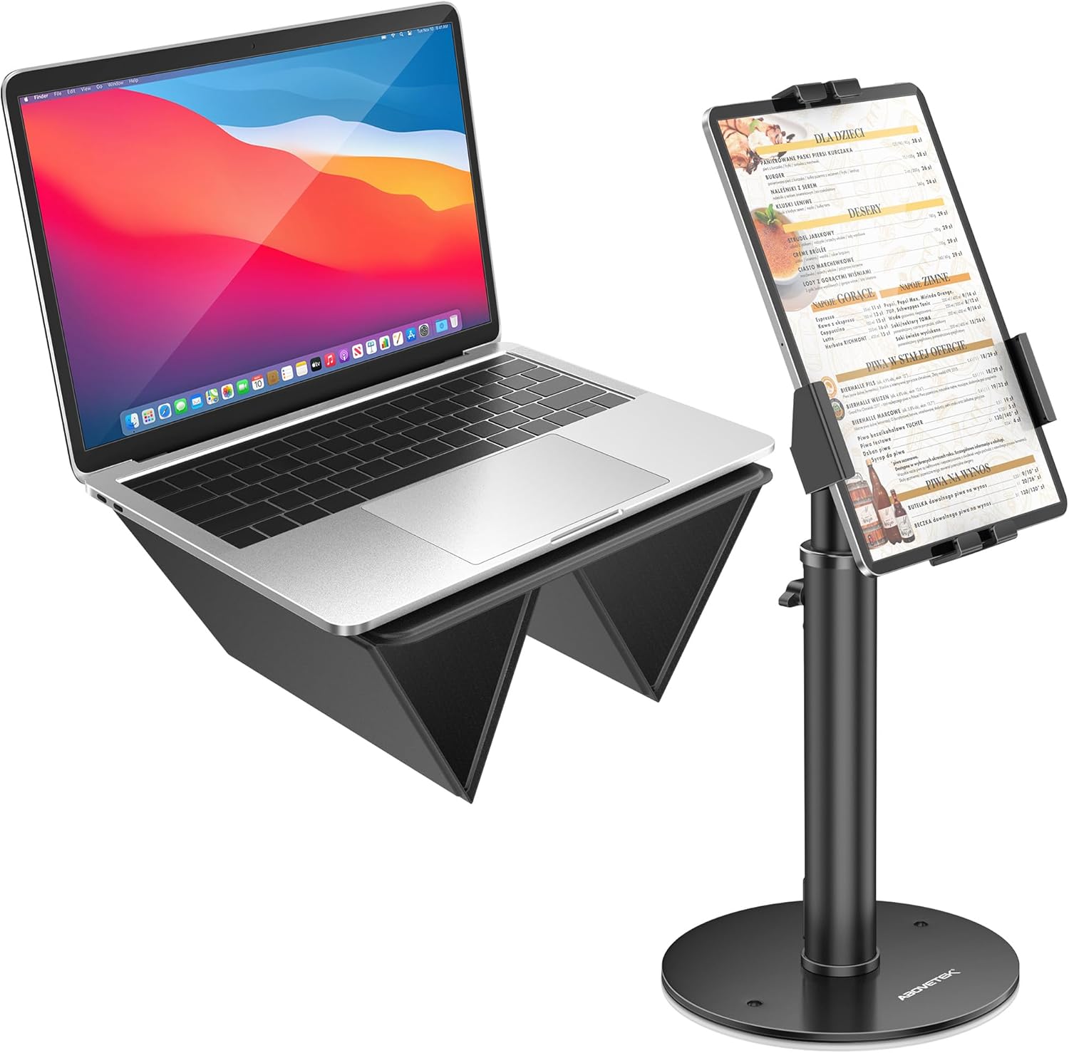 AboveTEK POS Tablet Kiosk Stand Bundle with Ultra-Sleek Portable Laptop Stand, 2-in-1 Foldable MacBook Stand for Desk & iPad Tablet Stand Holder, Fits 14"~17" MacBook