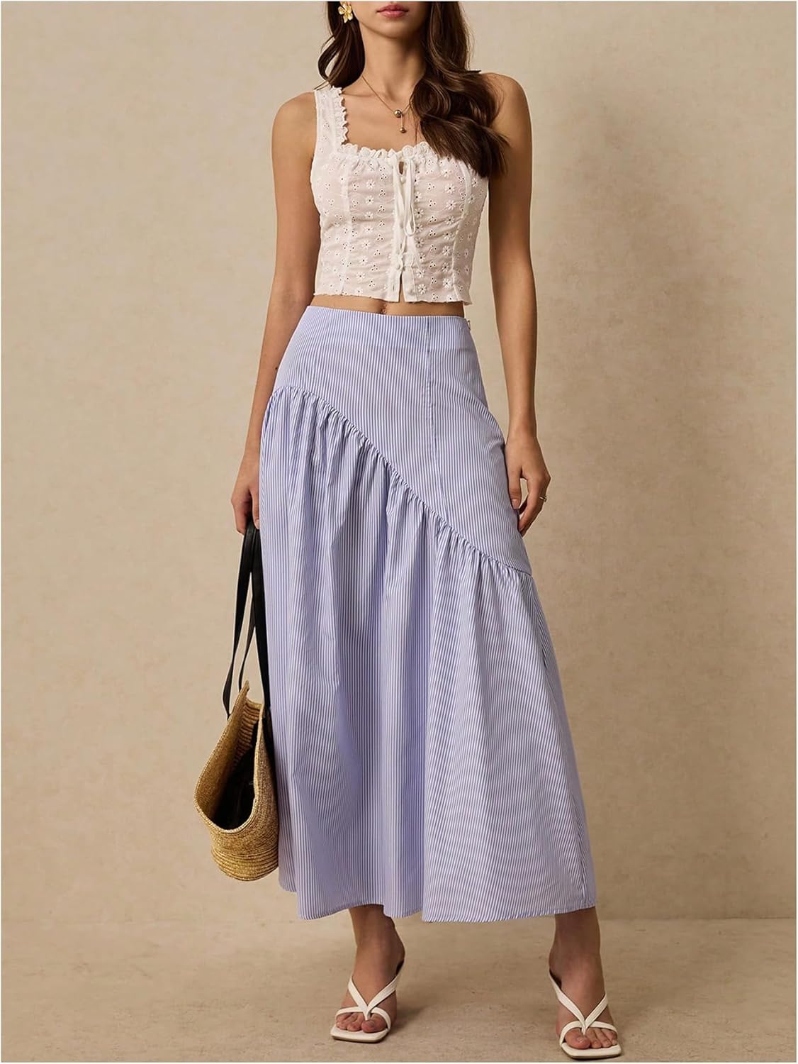 Milumia Women's Striped Print Layered Long Skirt Ruffle Flowy A Line Maxi Skirts - Image 5