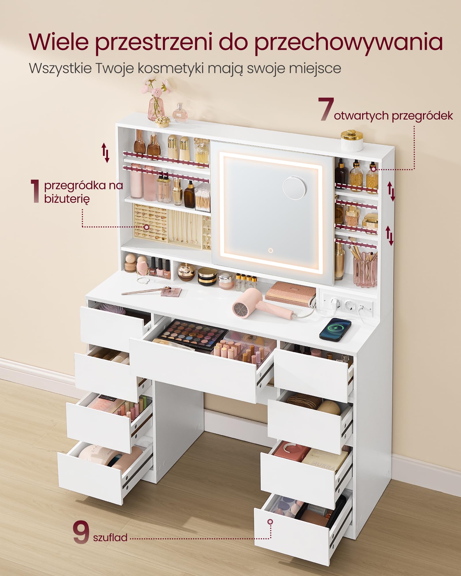 VASAGLE Kailyn Collection toaletka z lustrem LED, listwa zasilająca, 9 szuflad, lupa 10x, 3-kolorowe oświetlenie, montaż bez narzędzi, biała chmura RDT137W01