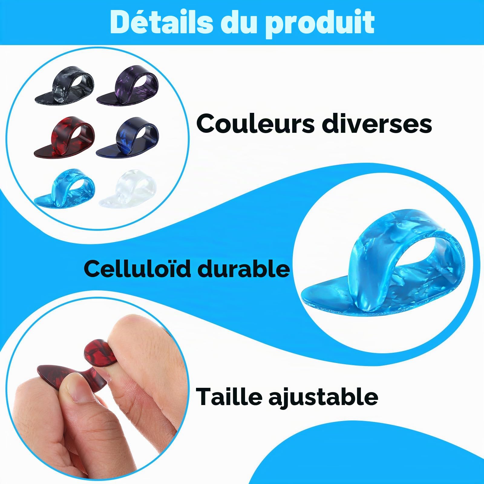 Ymapinc Lot de 12 médiators de pouce pour guitare acoustique, électrique, banjo, ukulélé, harpe, basse, doigt pour musiciens, 6 couleurs, plastique ABS durable