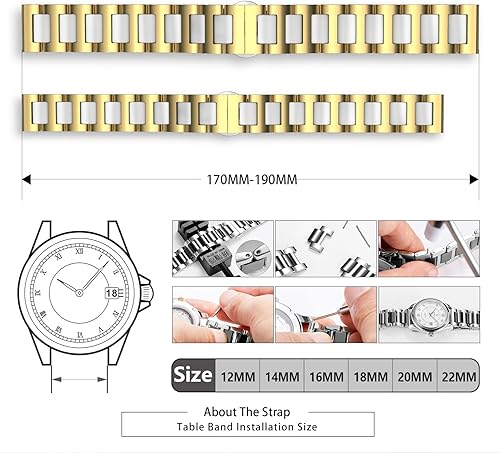 Miniatura 4 de BINLUN Correa de reloj de repuesto de acero inoxidable de cerámica, correa pulida de 0.472 in0.551 in0.630 in0.709 in0.787 in0.866 in con hebilla de