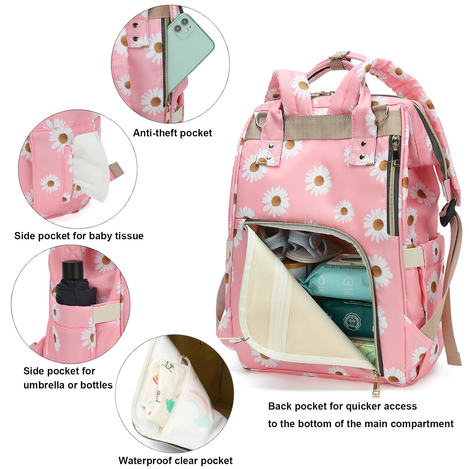 Daisy Diaper Bag Backpack for Baby Girls, Mom Waterproof Large Nappy Bags for Women (Pink) image 3