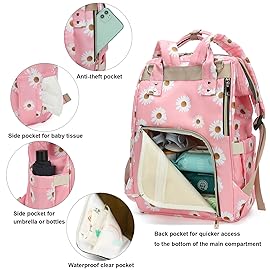 Yusudan Daisy Diaper Bag Backpack for Baby Girls, Mom Waterproof Large Nappy Bags for Women (Pink)