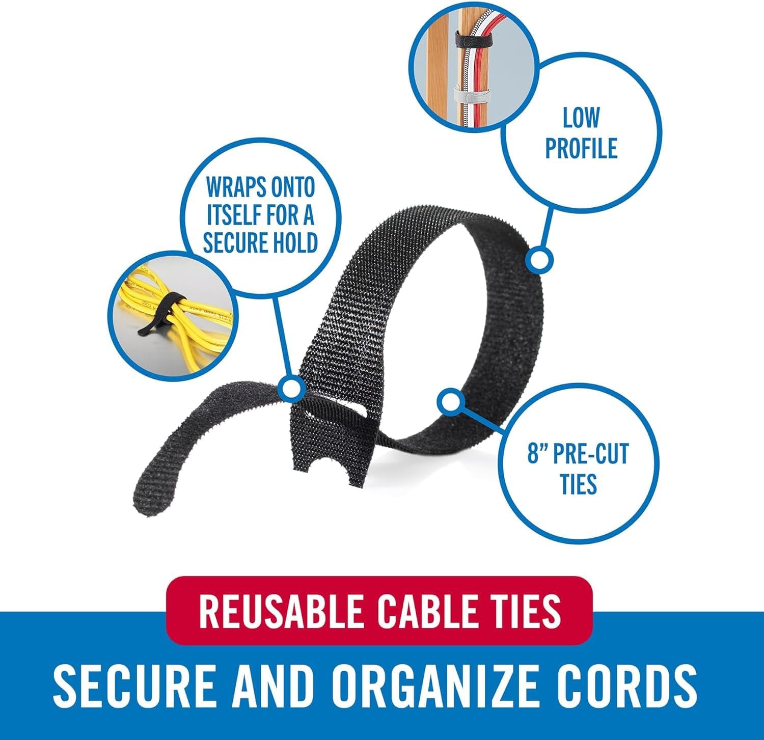 VELCRO Brand Complete Desk Cable Management Kit | 8in Mountable Cable Sleeve 2pk + 150pk Reusable Cable Ties + Desk & Nightstand Cord Organizer | Black, Damage-Free Mounting