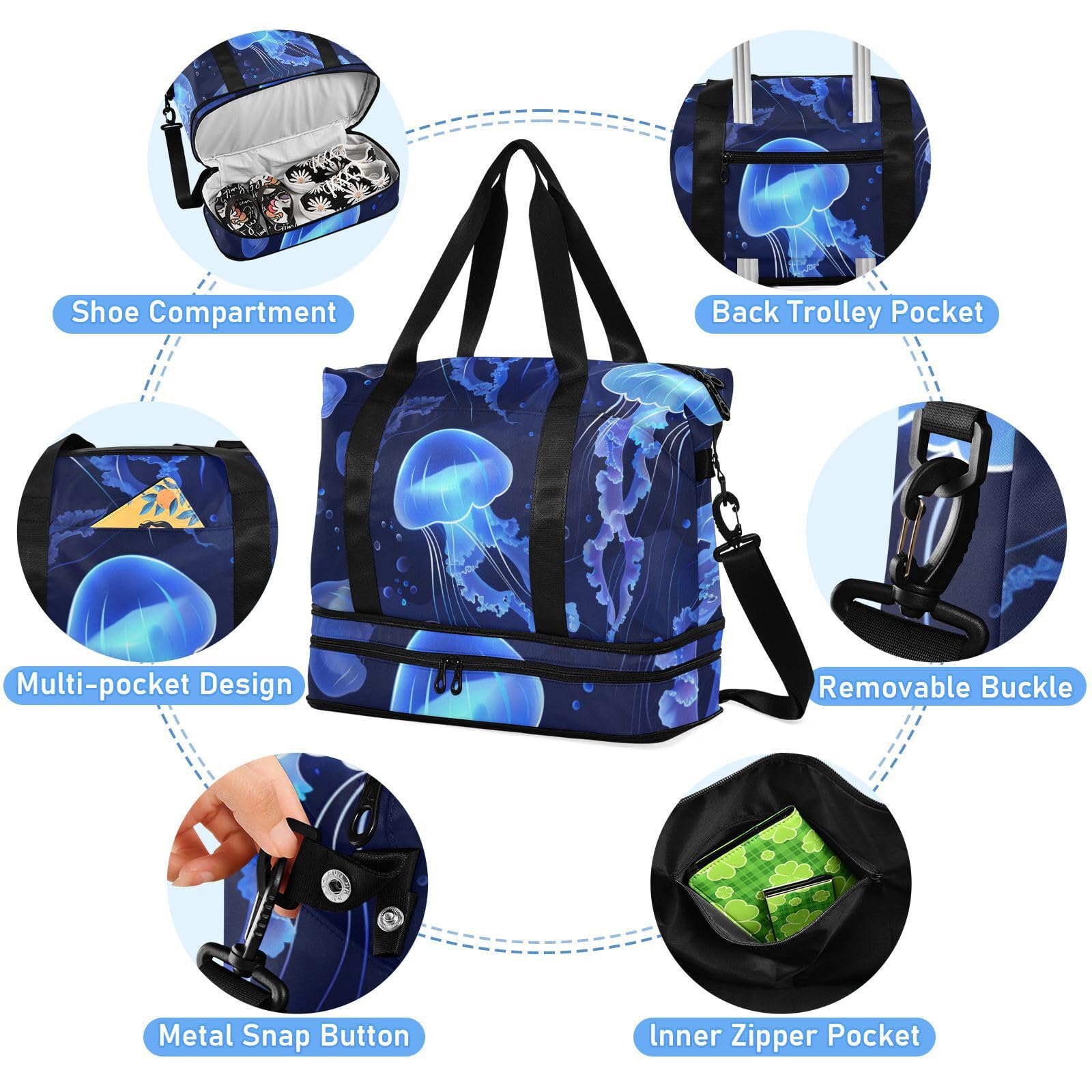 Borsone da viaggio con meduse blu galleggianti in mare, borsa da viaggio con tracolla regolabile, multifunzionale, Medusa blu galleggiante in mare, 1 size