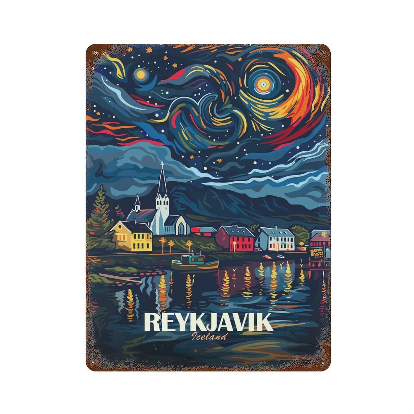Vintage Rust Metal Sign Reykjavik Iceland Travel 15.7"x11.8", Decorative Metal Wall Art for Basement, Hobby Room And Garage Decor