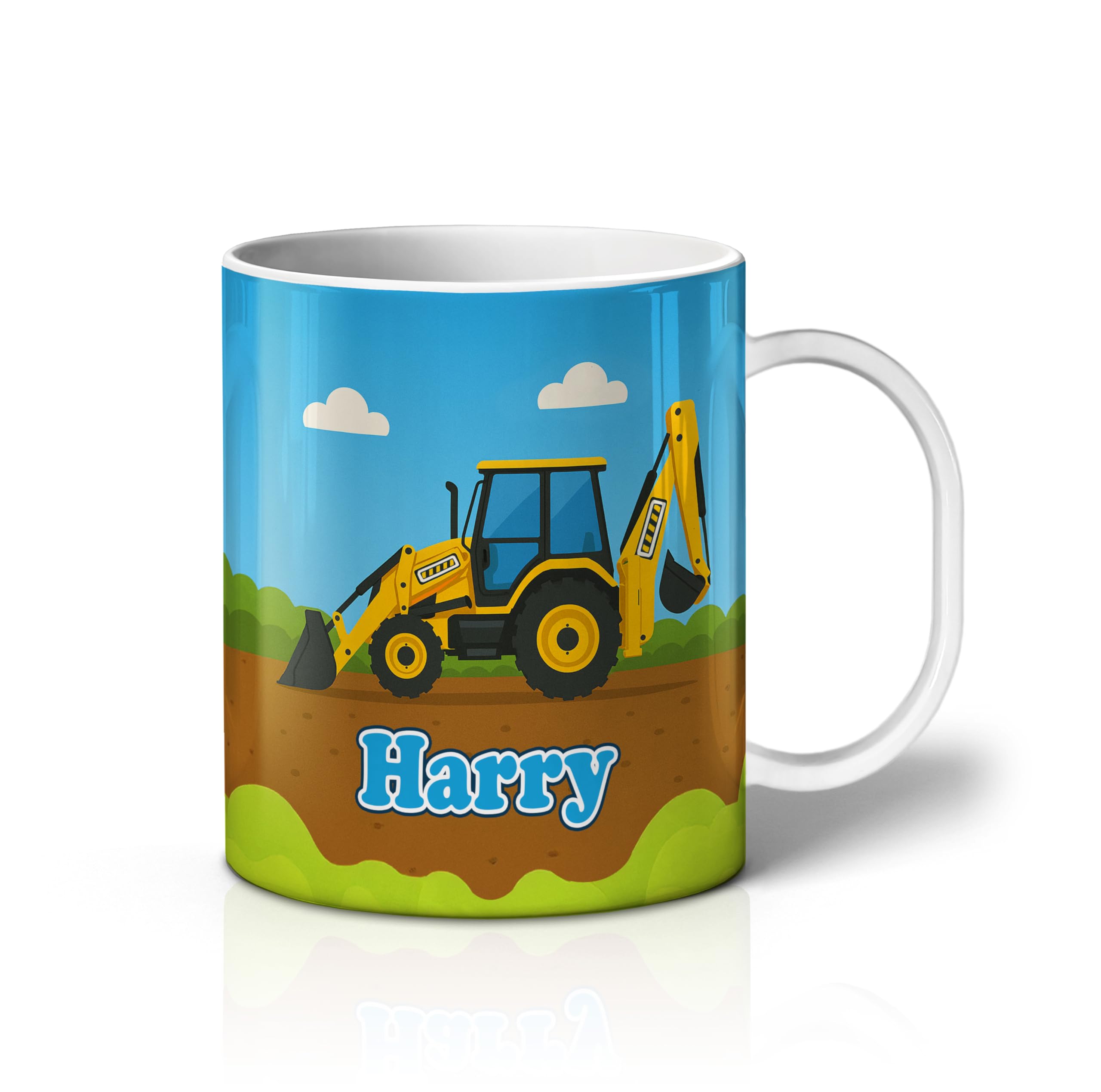 iCaseDesigner Personalised Children's Mug - Unbreakable Lightweight Polymer - Add Your Own Name - Vehicle Theme - Digger