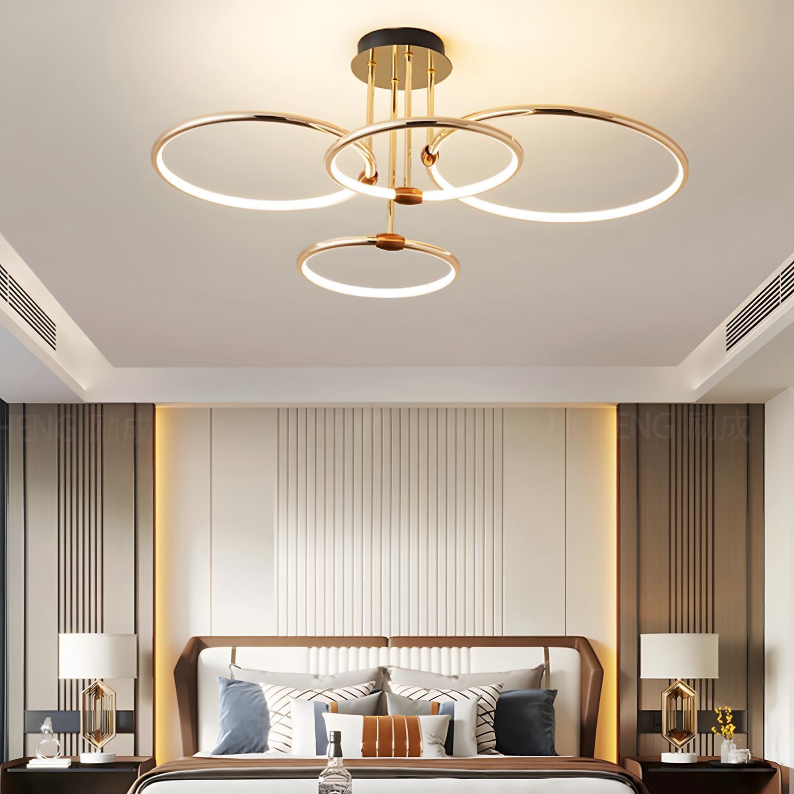 4 Ring Gold Led Deckenleuchte, Ø75cm | 85W Kronleuchter Stufenlos Dimmbar, Kreative Metallgalvanik Pendelleuchte, Moderne Lampe Für Schlafzimmer, Wohnzimmer, Kinderbüro Arbeitszimmer Küche