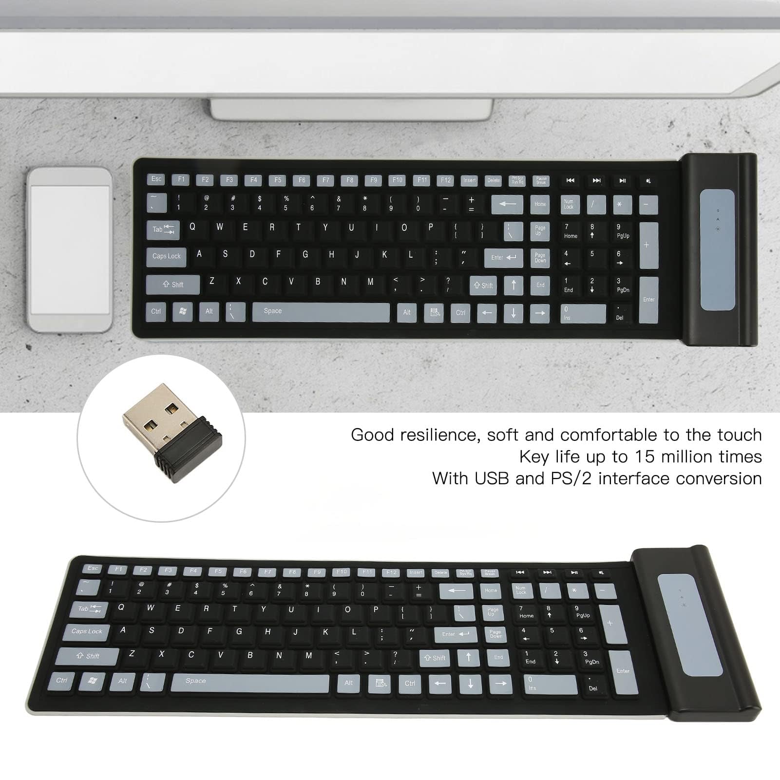 Dpofirs Tastiera Flessibile Pieghevole e Arrotolabile, Tastiera Wireless in Silicone 2.4G Tastiera Portatile per Laptop, PC, Notebook e Viaggi, 103 Tasti Impermeabile Antipolvere (Nero)