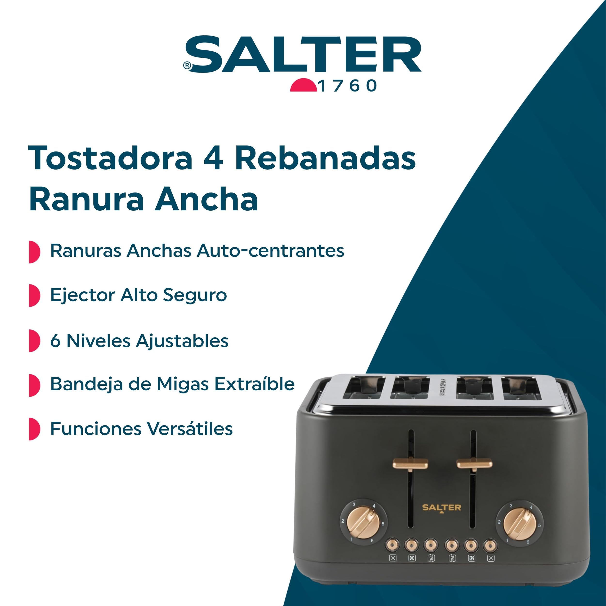 Salter Pebble Tostadora de 4 Rebanadas – Ranuras anchas, 6 niveles de tostado, ranuras auto-centrantes, bandeja de migas extraíble, descongelar/recalentar/cancelar, gris carbón/oro