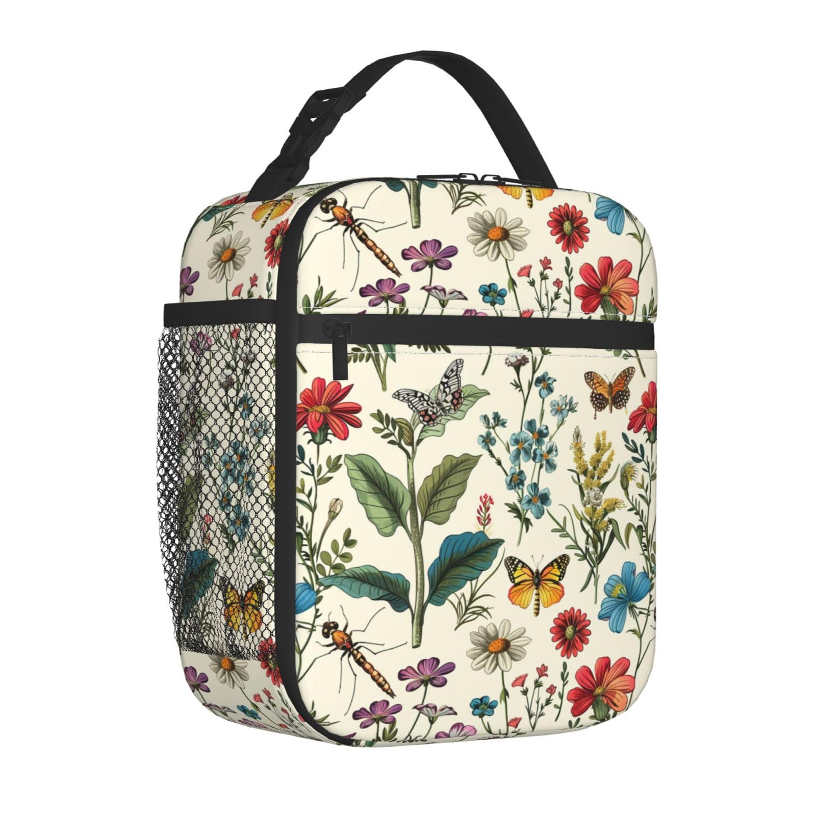 Mexpekil Vintage Floral Leaves Insulated Lunch Bag for Women Men Thermal Lunch Box Portable Picnic Cooler Bag with Side Mesh Pocket Adults Lunchbox for Work