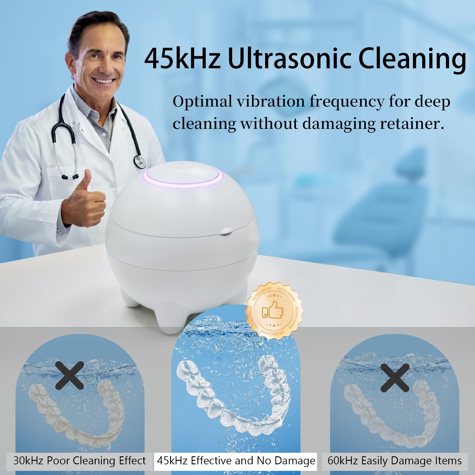 Máquina limpiadora ultrasónica de retención de 45 kHz, limpiador ultrasónico de prótesis con UVA + UVC para alineador, protector nocturno, protector bucal, etc. Cuidado dental bucal, (blanco)