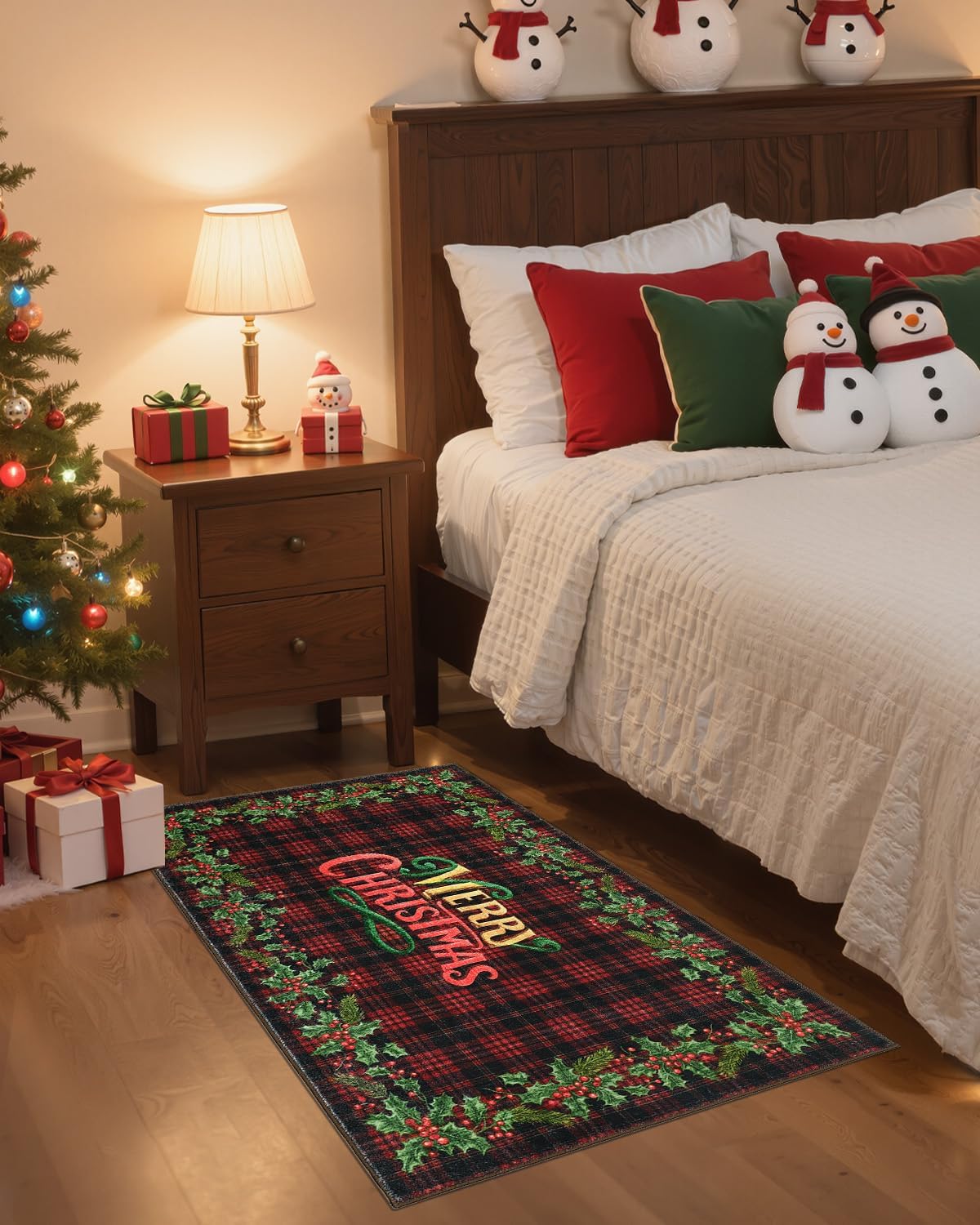 GarveeHome 2x4 Christmas Red Checkered Rug for Entryway Non Slip,Christmas Holly Fruit Print Kitchen Rugs Washable Area Rug, Low Pile Soft Holiday Decor Small Carpet for Entrance Indoor