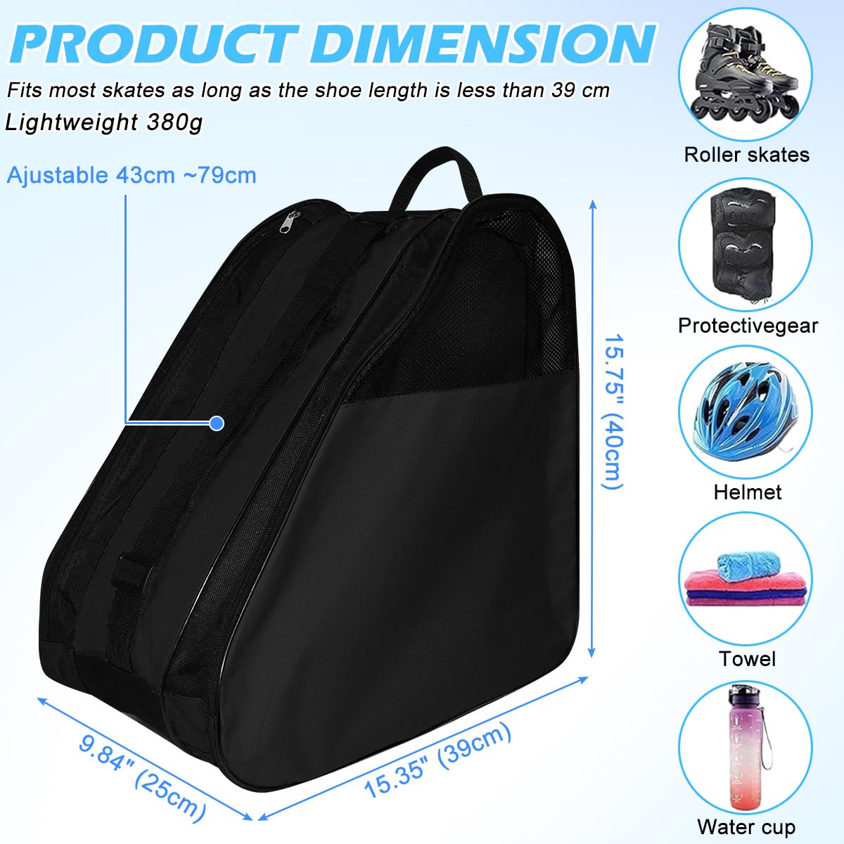 Borsa per Pattini a Rotelle, Borsa Pattini in Linea con Tracolla Regolabile Borsa da pattinaggio a rotelle Borsa Pattini a Rotelle Impermeabile Borsa per Pattini da Ghiaccio Traspirante (Nero)