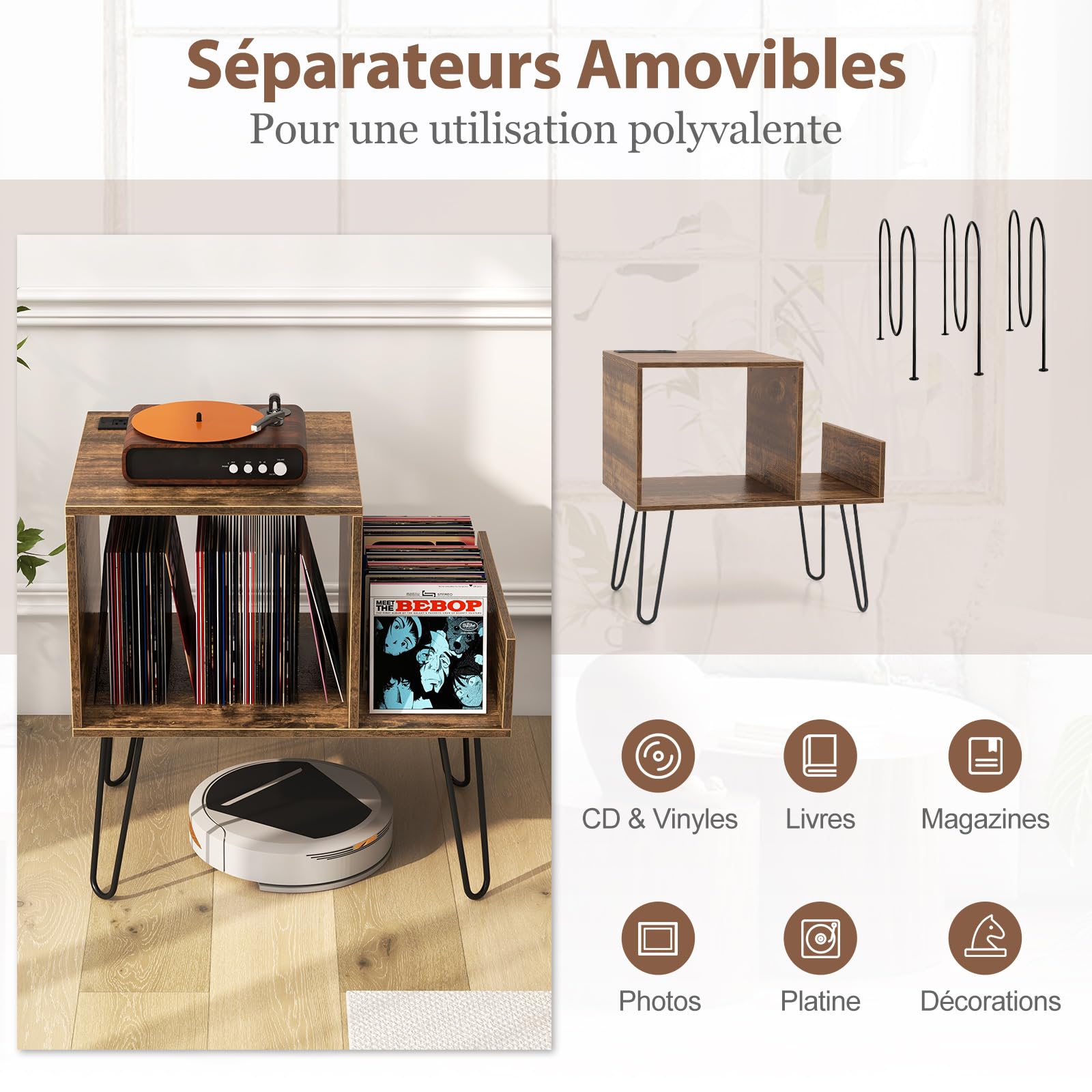 COSTWAY Meuble Tourne-Disque Vinyle avec Prise, Support Tourne-disque pour 145 Albums, Station de Charge, 2 Ports USB, 4 Pieds Amovibles, 3 Séparateurs, Étagère de Rangement sur Table (Brun rustique)