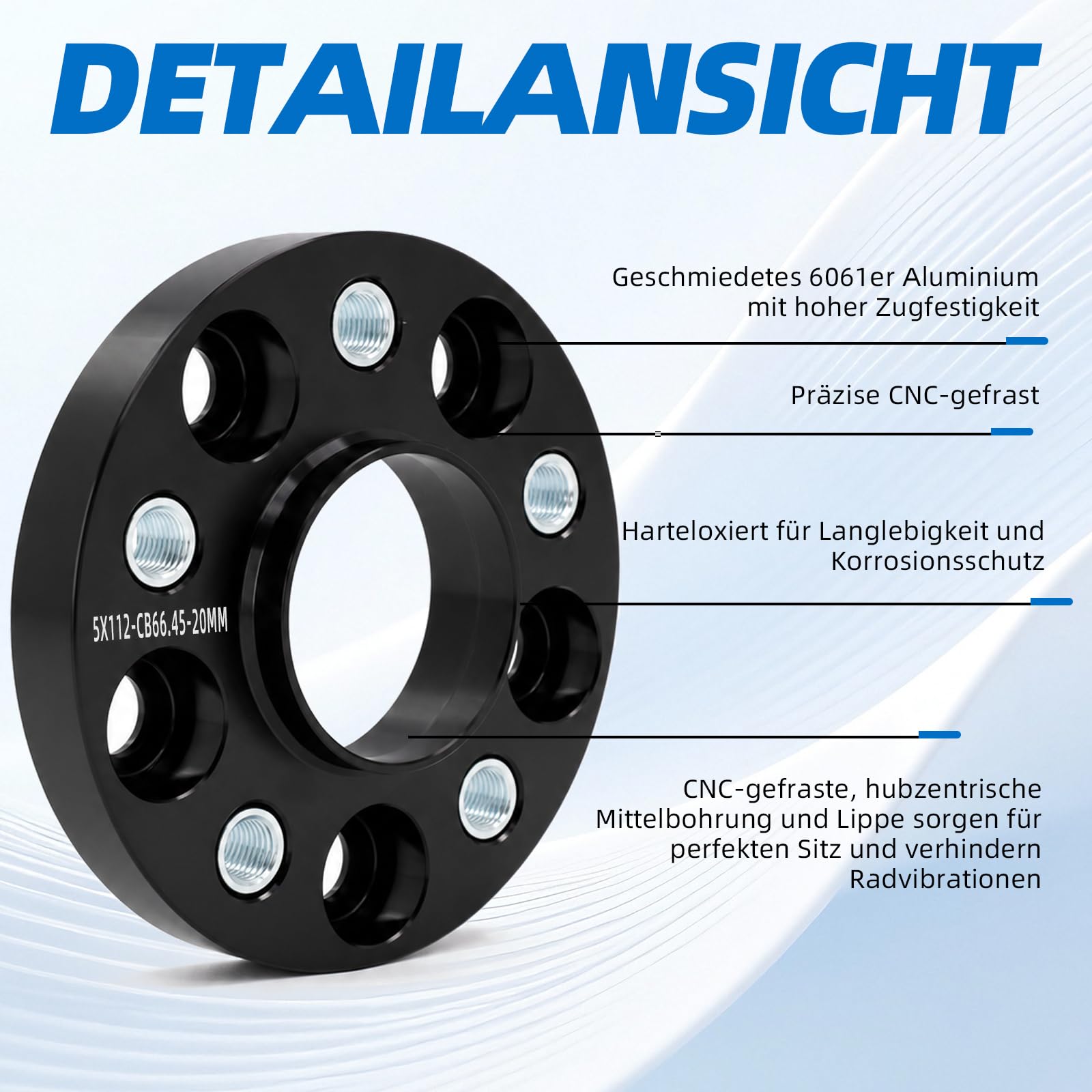 Spurverbreiterung 5x112 40mm 2x20mm NLB:66.45 für Mercedes | M14x1,5 Kegelbund 60°, 10 Schrauben, 6061 Alu, geschmiedet, CNC, schwarz, korrosionsfest