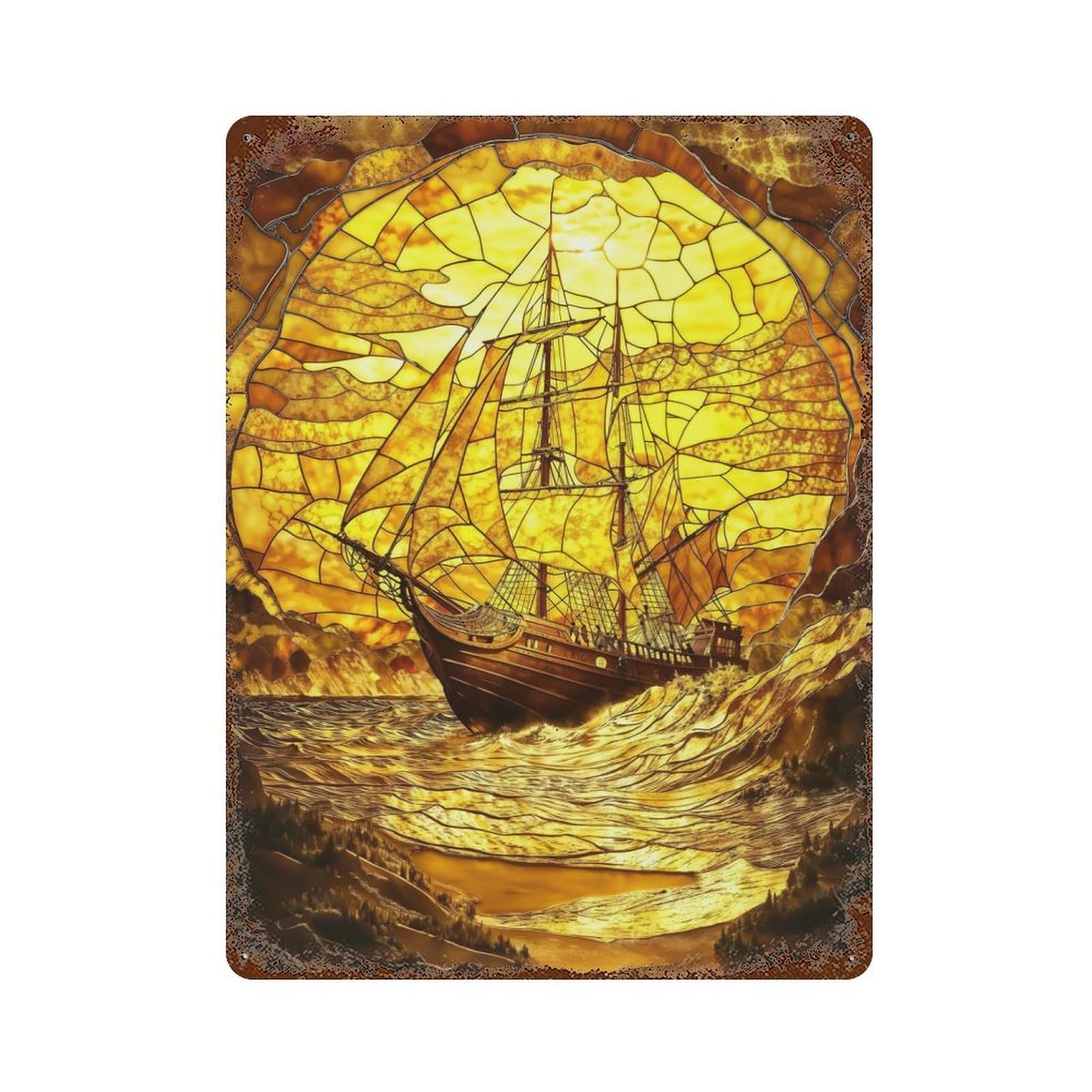 Amber Stained Glass Ship Retro Metal Sign 15.7"x11.8", Classic Wall Plaque for Garage, Pub Or Kitchen