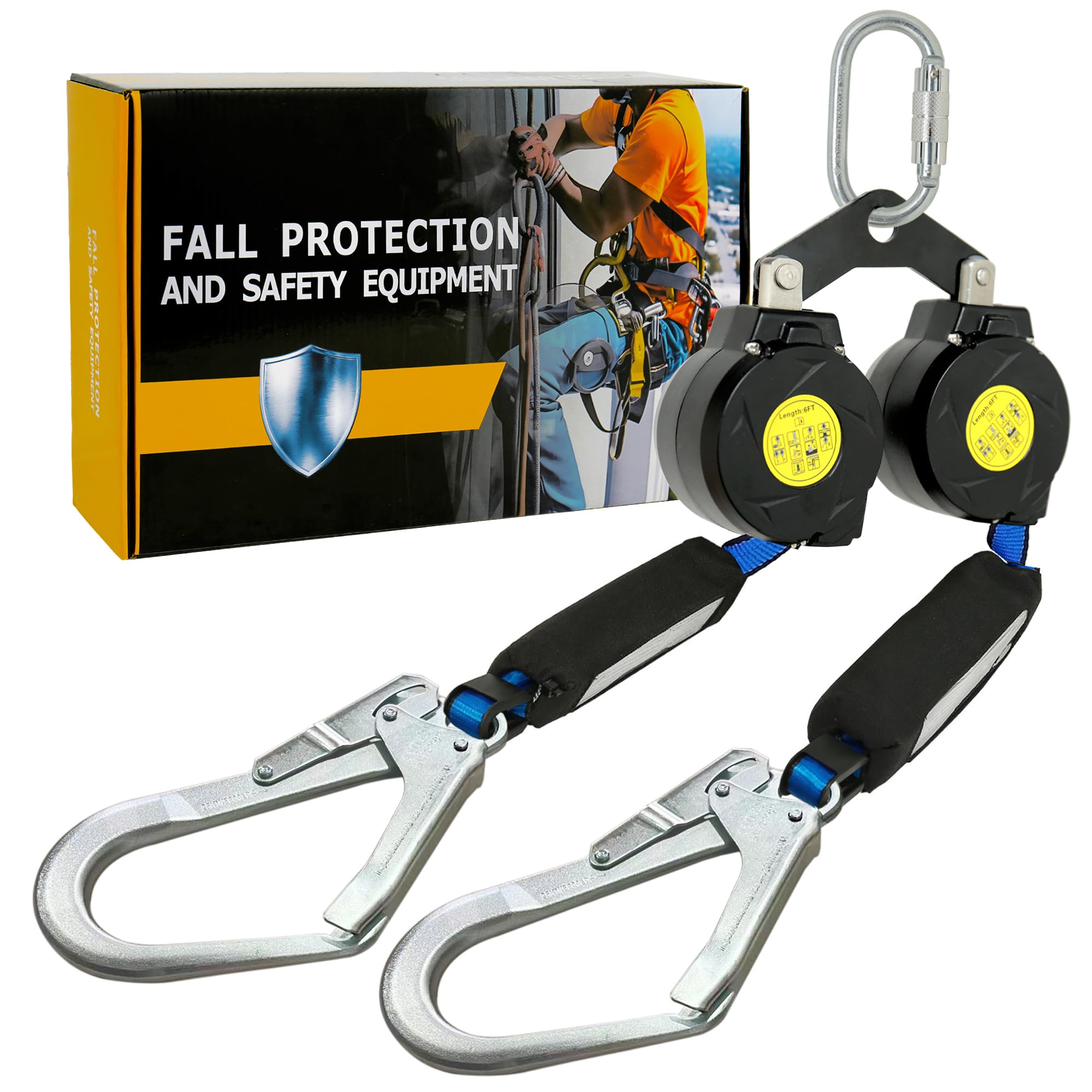 6’ Twin-Leg [NO Tangle] Self Retracting Lifeline ANSI Class A SRL Rebar Hooks Shock Absorber Roofing Construction Personal Fall Arrest Protection