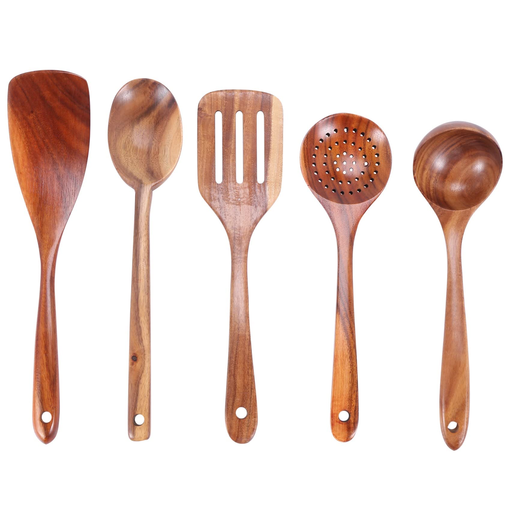Mecerypt 5-Piece Wooden Cooking Utensils Set - Eco-Friendly & Non-Scratch Spatula and Spoons for Nonstick Cookware
