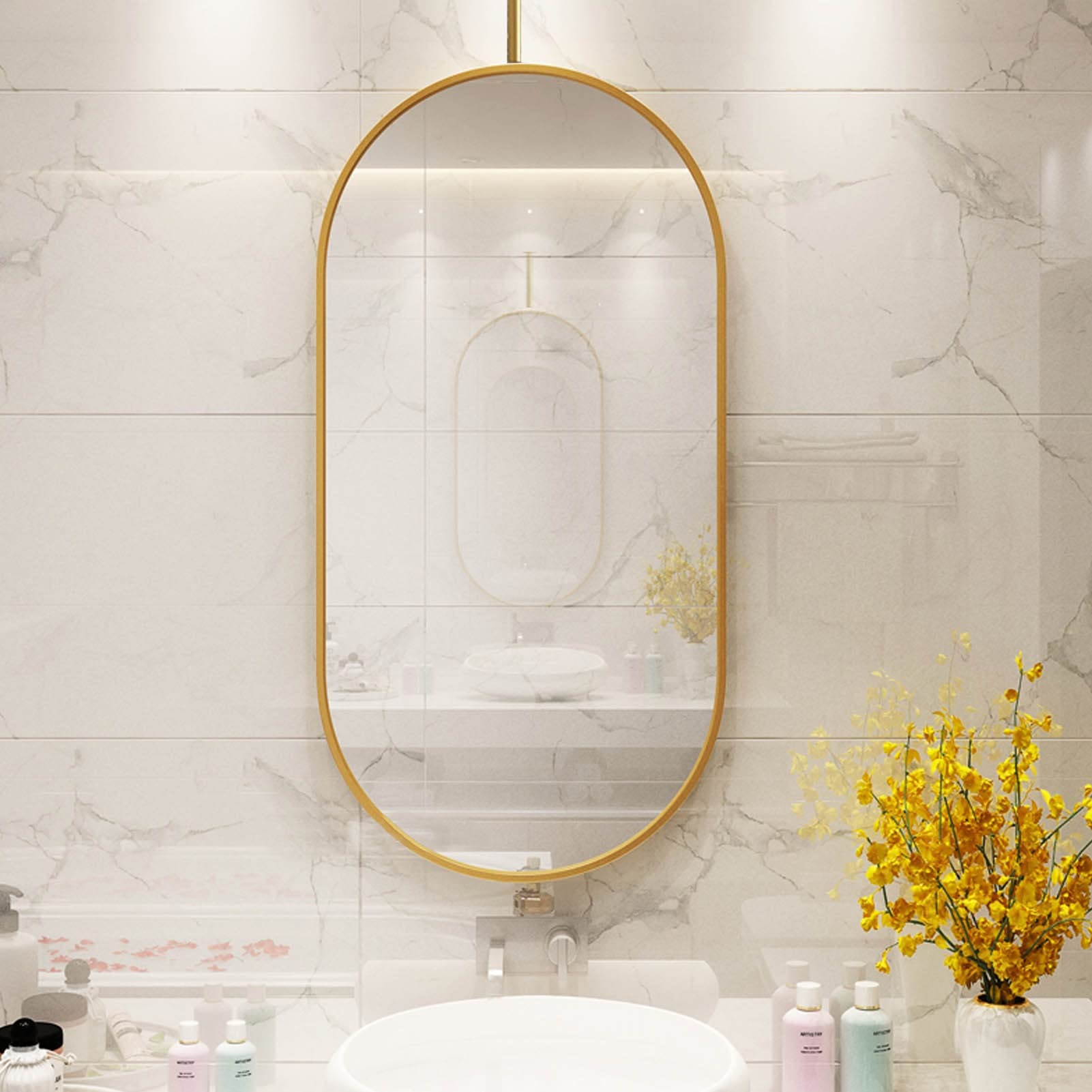 GLJTUO Gold Floating Bathroom Vanity Mirror with Metal Frame and Boom, Ceiling Mounted Hanging Rod for Makeup Shaving, Decorative Simple Glass Decoration