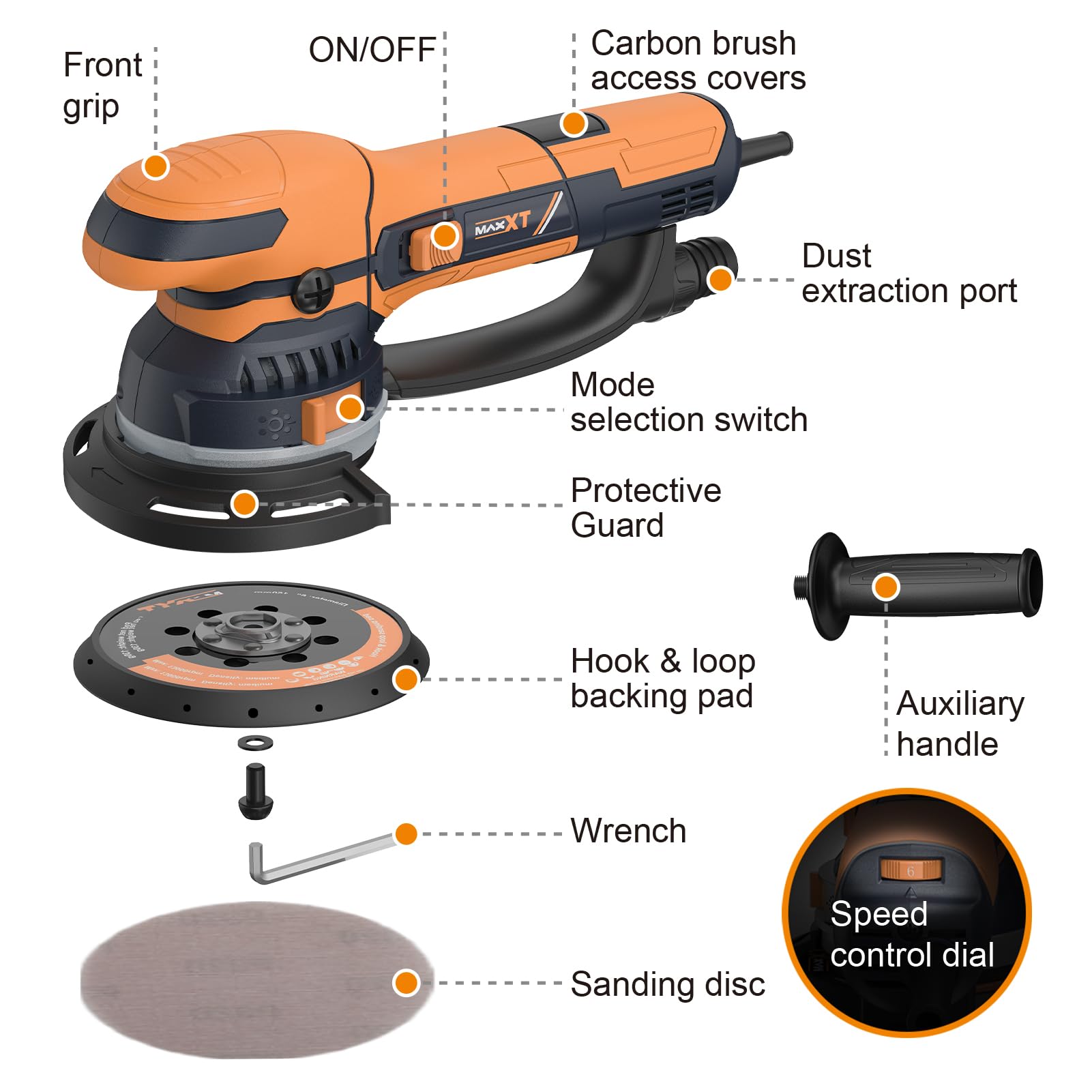MAXXT Levigatrice Orbitale Dual-Mode da 800W: Passaggio Modalità Grezza e Fine/Estrazione Polvere ad Alta Efficienza/Controllo a 6 Velocità (3300-7400 RPM) — Carrozzeria Auto, Metallo e Legno