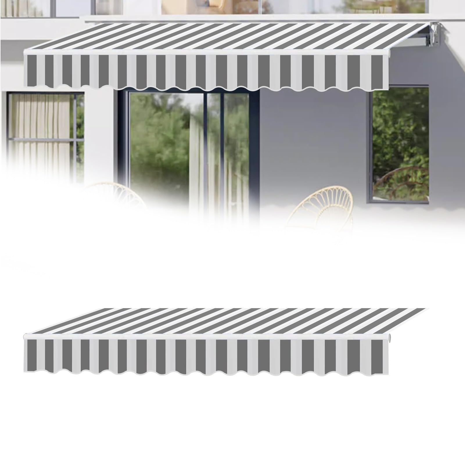 Waterproof Garden Patio Awning Canopy with Fabric Top Cover and Front Valance for Home and Commercial Use Grey Stripes 19.6x9.8ft