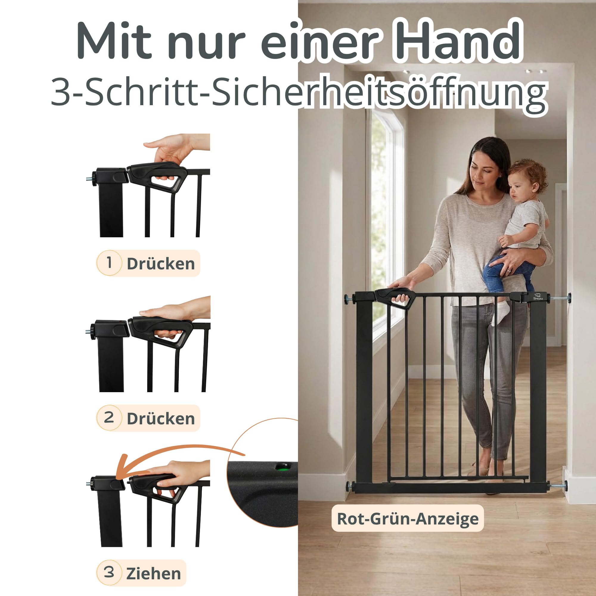 Babygitter Tür ohne Bohren – BALU Tür- & Treppenschutzgitter 152-159 cm, Auto-Close & Safety-Lock Rot/Grün, inkl. Anti-Stolper-Rampe, Türschutzgitter erweiterbar bis 166 cm
