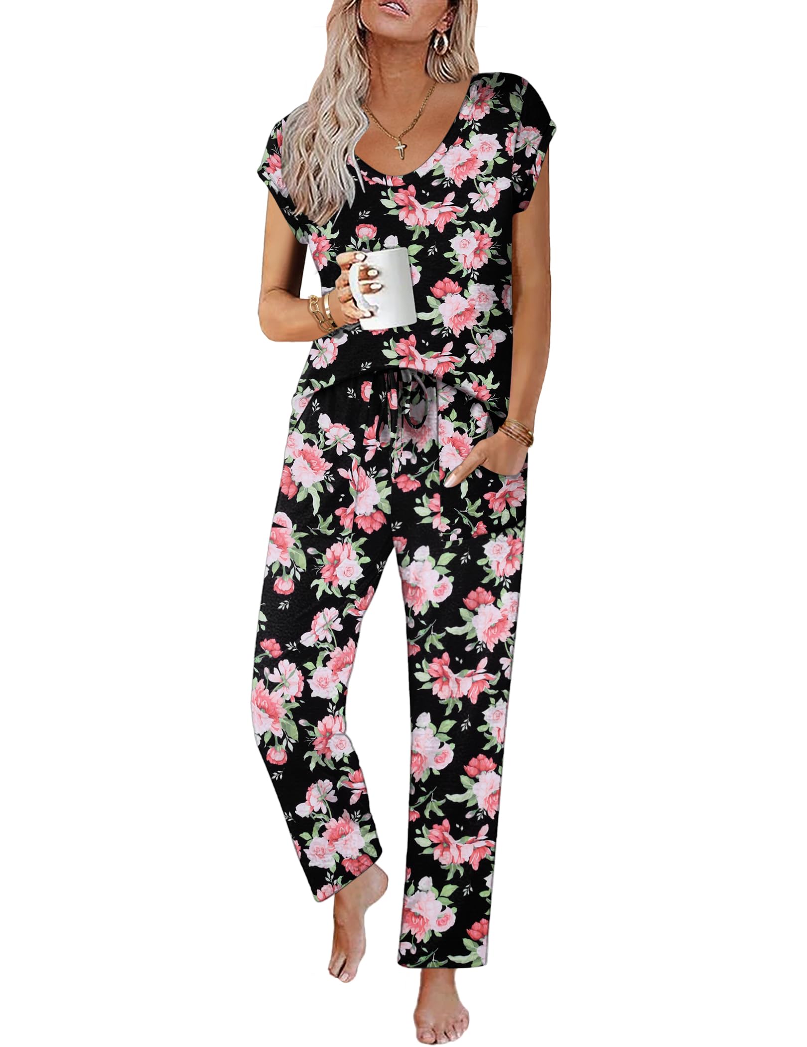 Ekouaer Womens Pajama Sets Short Sleeve Sleepwear Tops and Long Pants V Neck Pjs 2 Piece Lounge Set with Pockets S-XXL