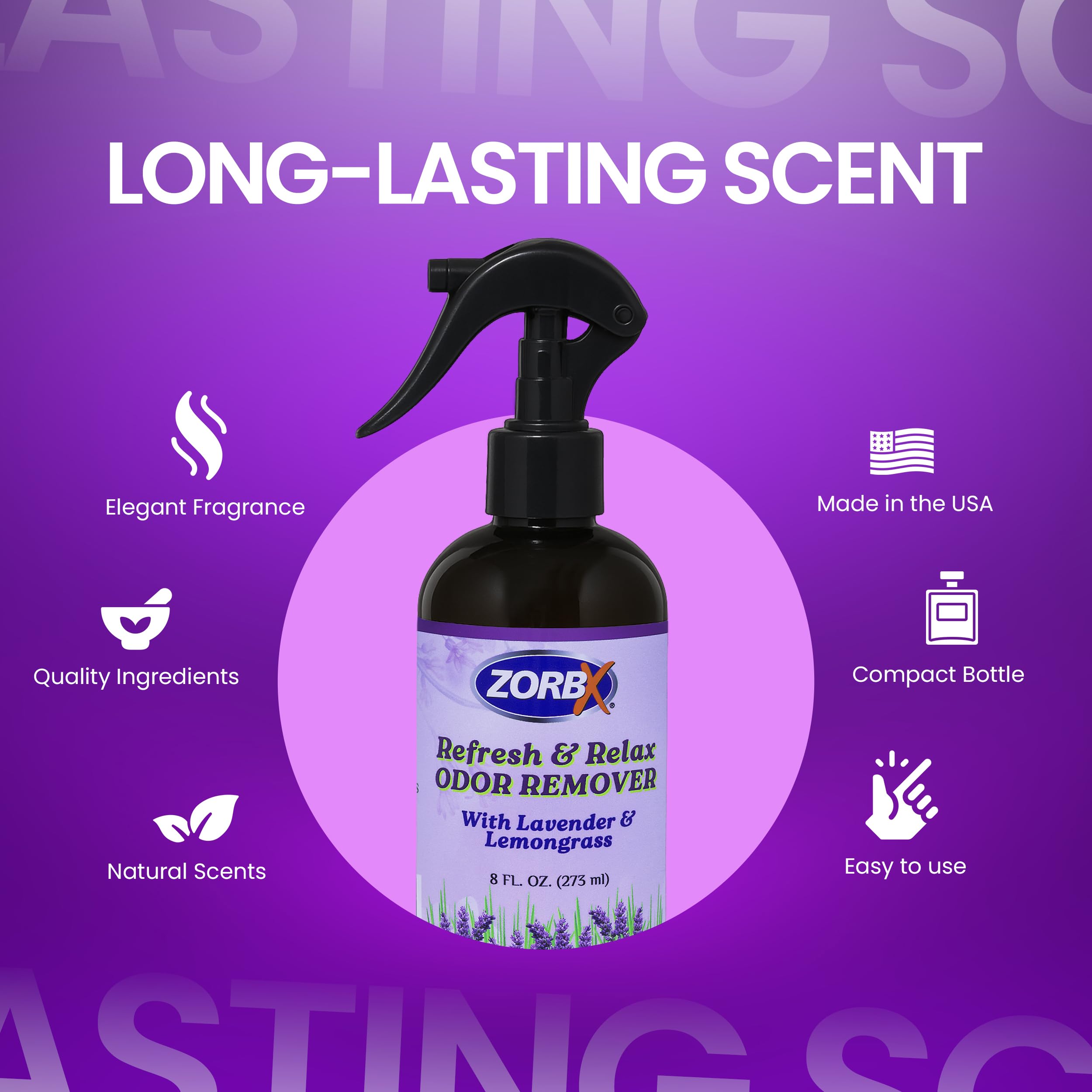 Zorbx Refresh & Relax Geruchsentferner Spray mit Lavendel und Zitronengras – Lufterfrischer, Geruchsabsorber für Zuhause, Kleidung, Küche, Zimmer, Stoff, Möbel, Autos (250 ml, 2 Stück)