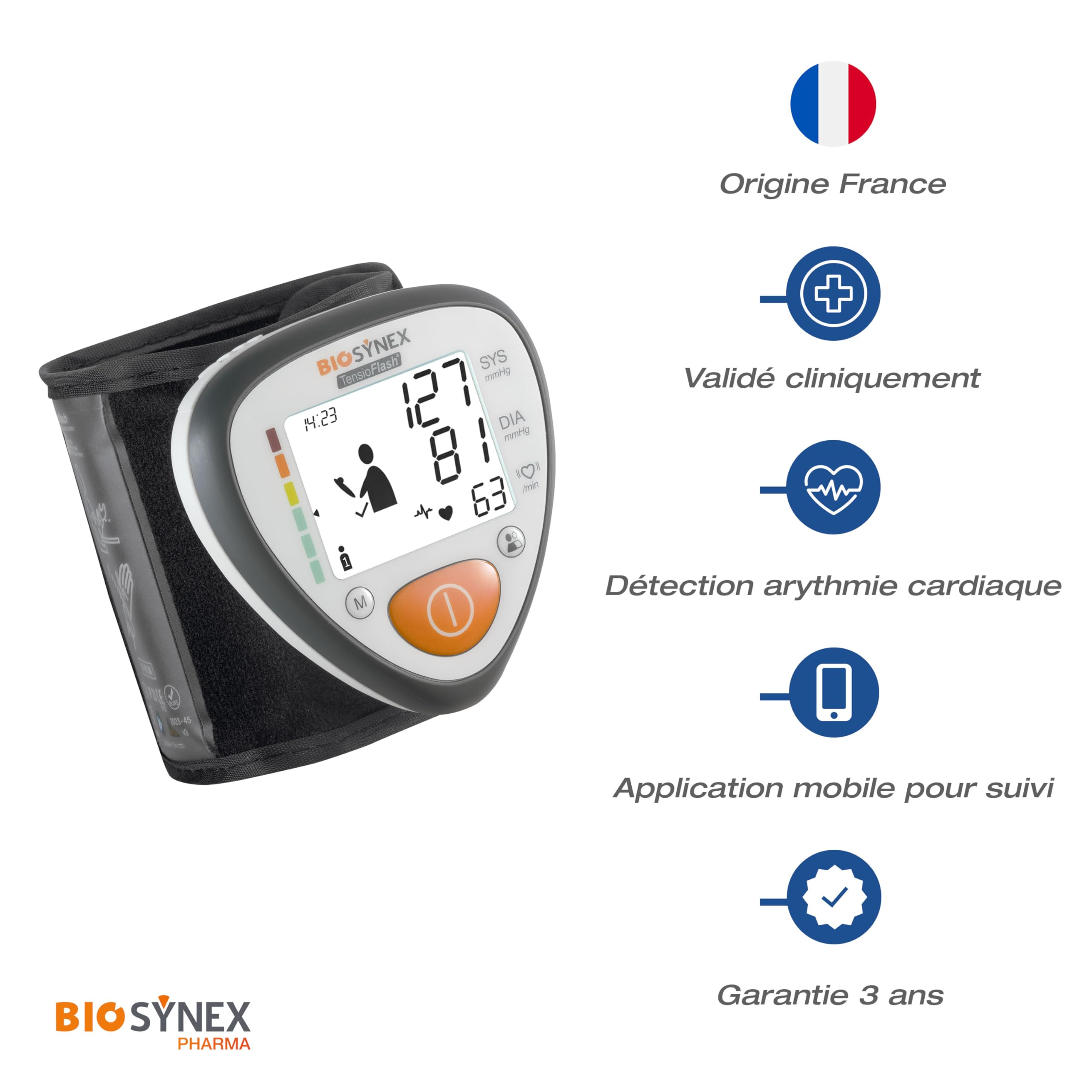 BIOSYNEX - TensioFlash - Tensiomètre Poignet Fabriqué en France - Mesure la Tension Artérielle et la Fréquence Cardiaque - Arythmie - Hypertension - Garantie trois ans